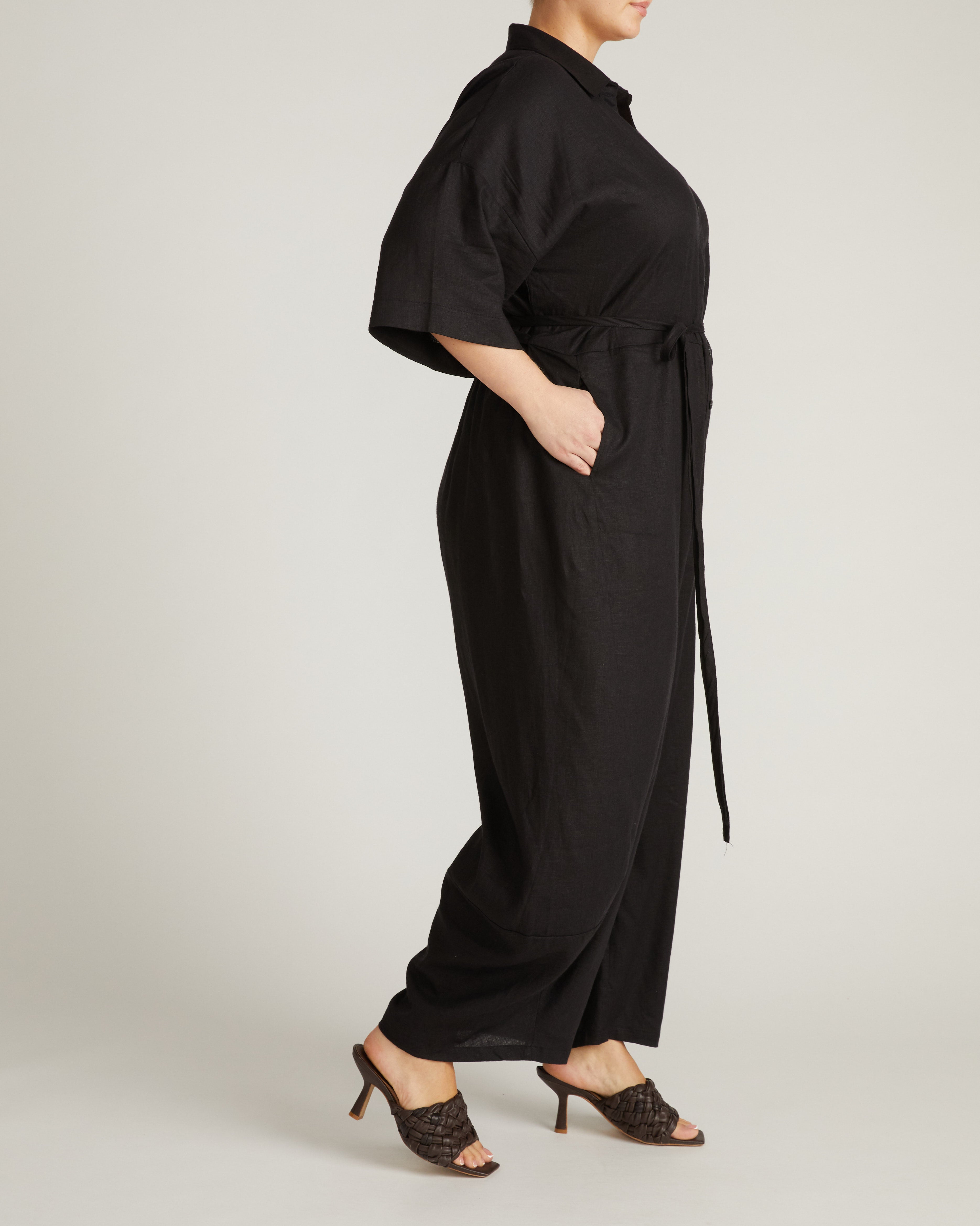 Maggie Barrel Leg Linen Blend Jumpsuit - Black