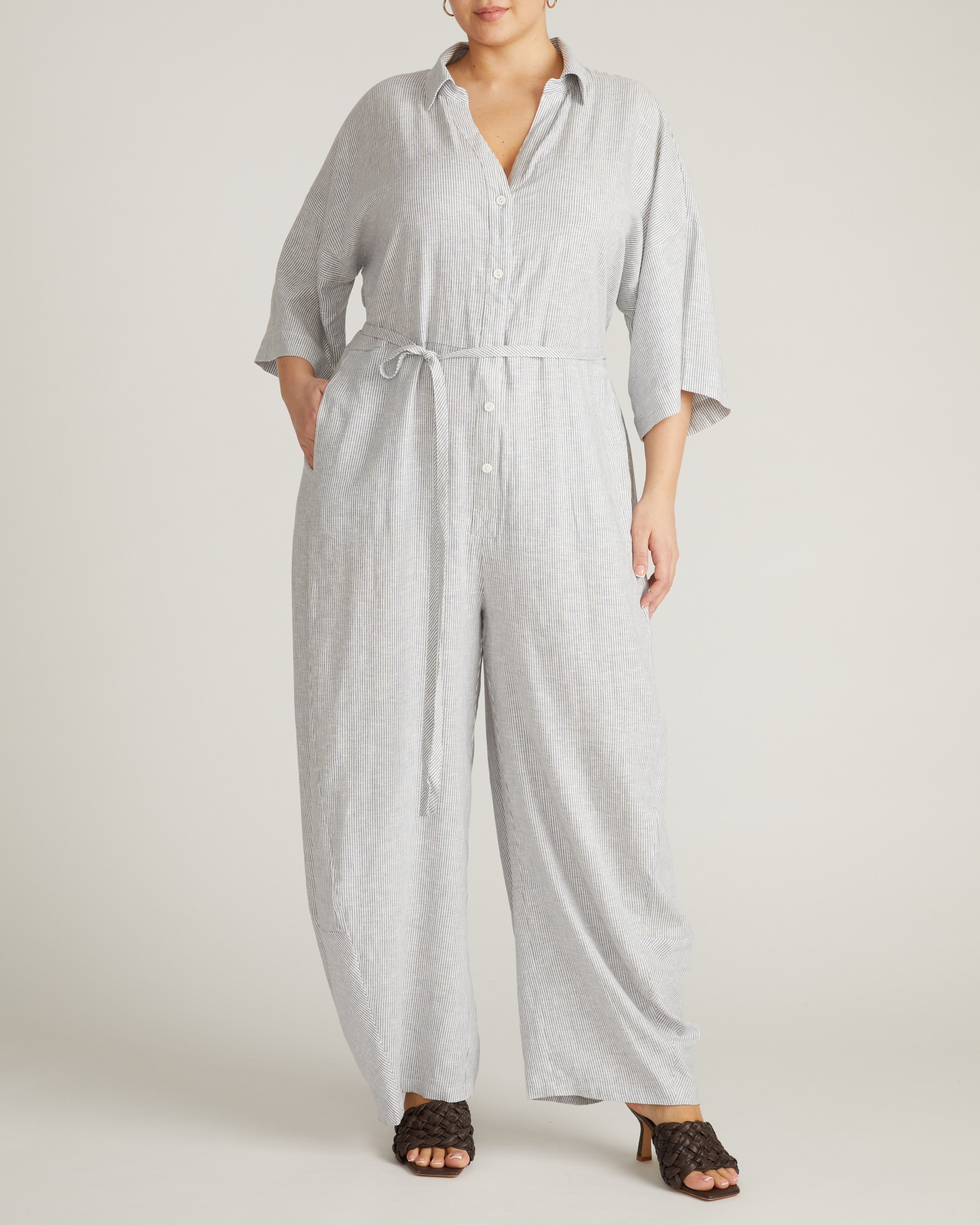 Maggie Barrel Leg Linen Blend Jumpsuit - Beach Stripe