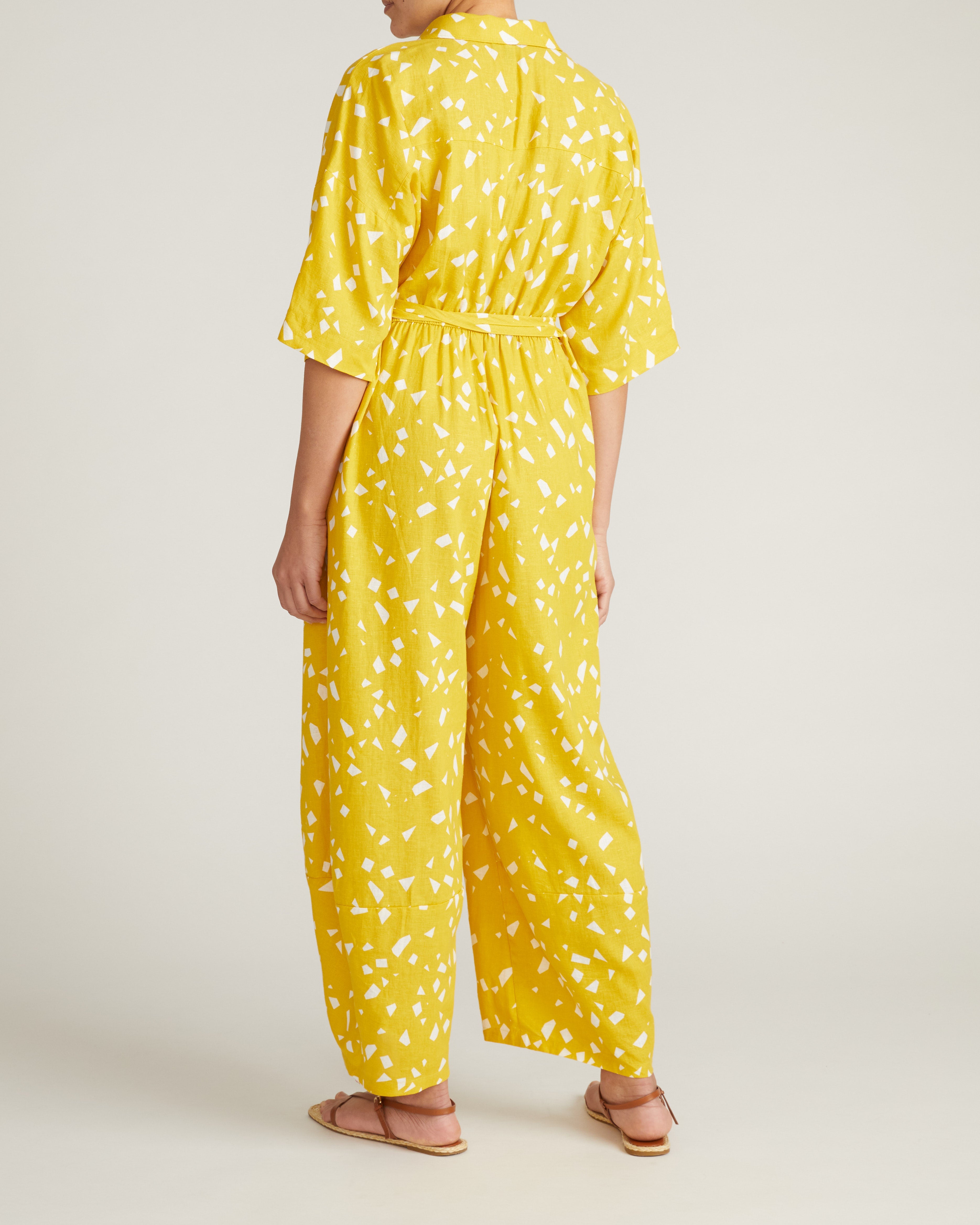 Maggie Barrel Leg Linen Blend Jumpsuit - Yellow Confetti Print