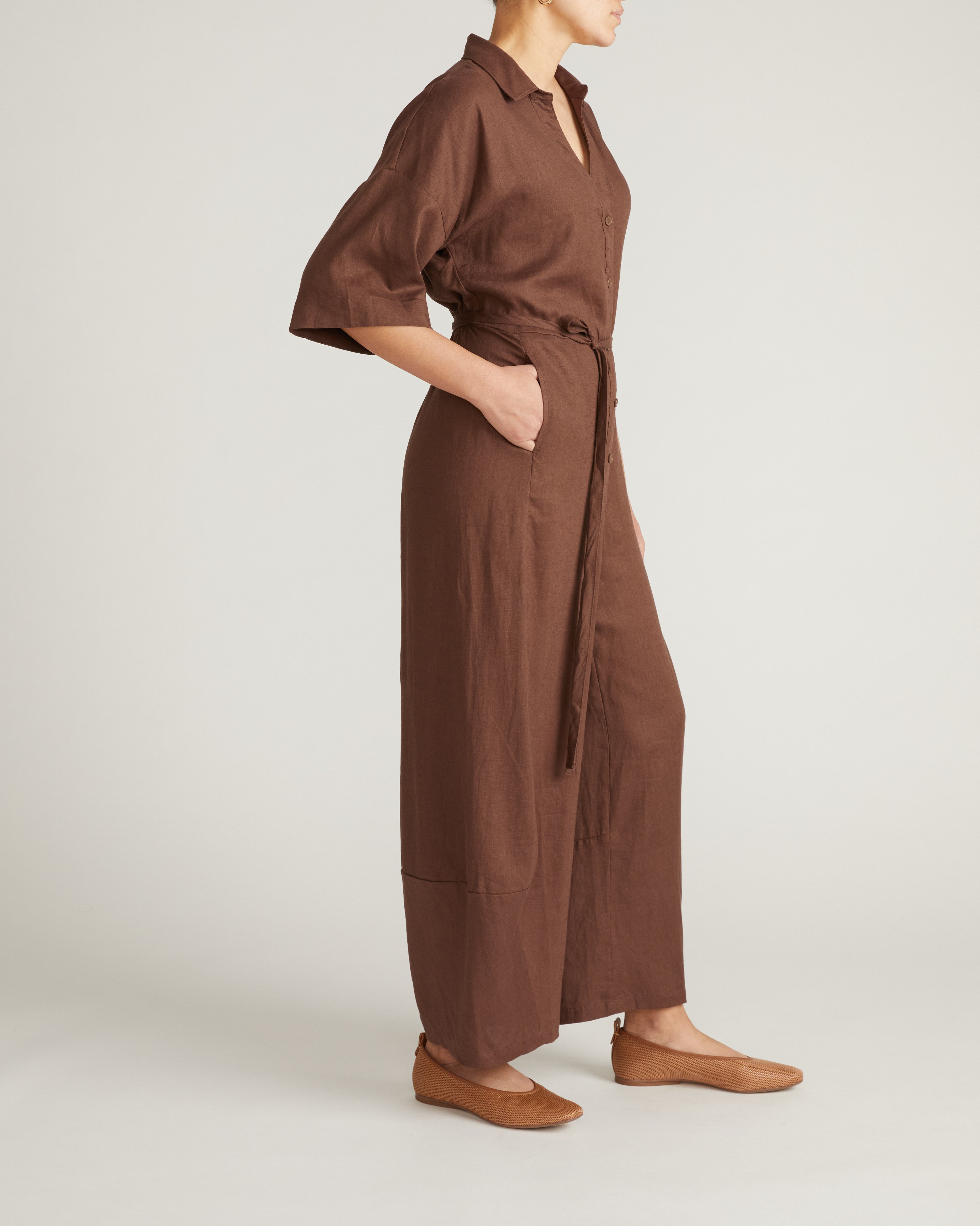 Maggie Barrel Leg Linen Blend Jumpsuit - Peppercorn