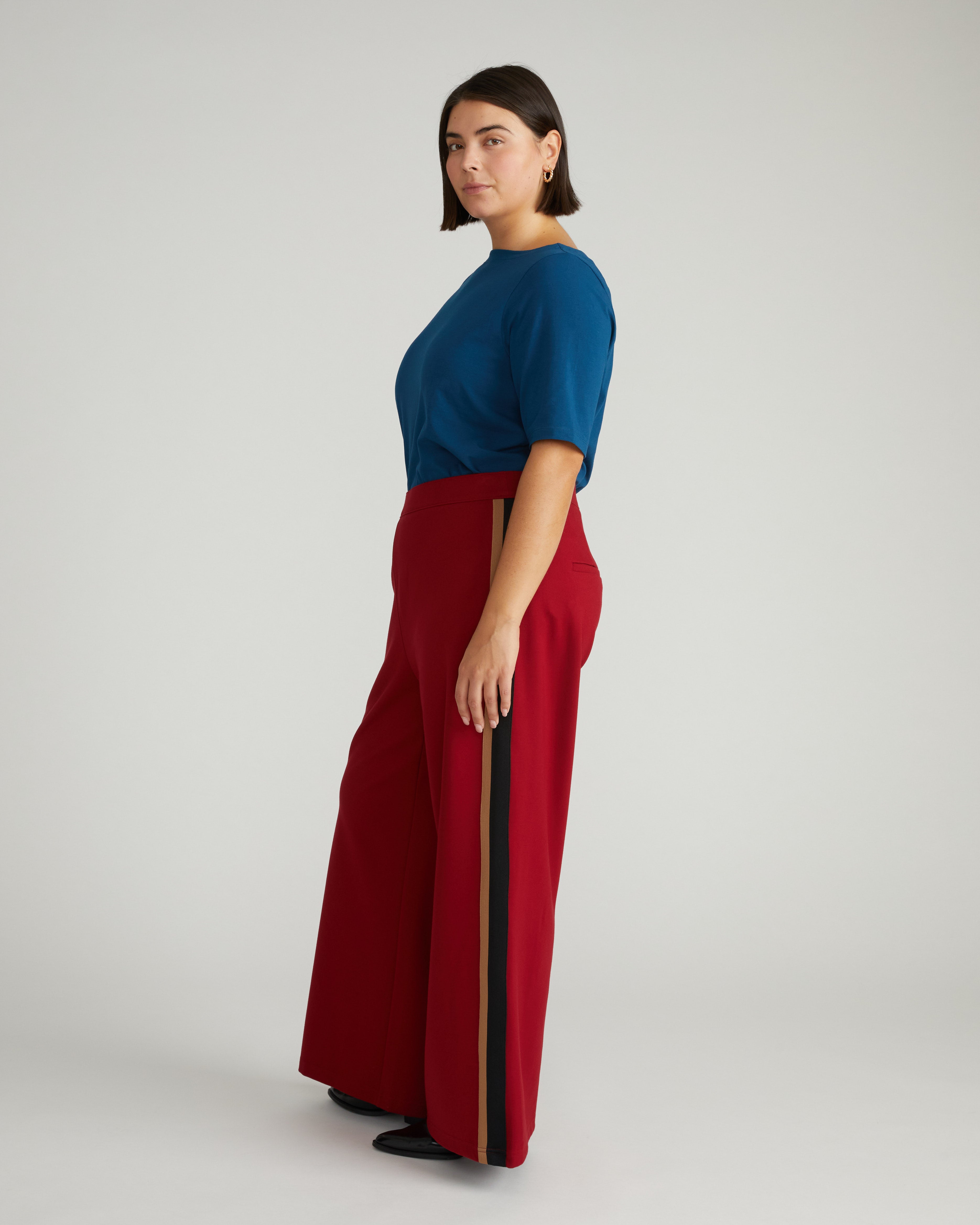 Stephanie Wide Leg Stripe Ponte Pants 30 Inch - Garnet with Camel/Black Stripe