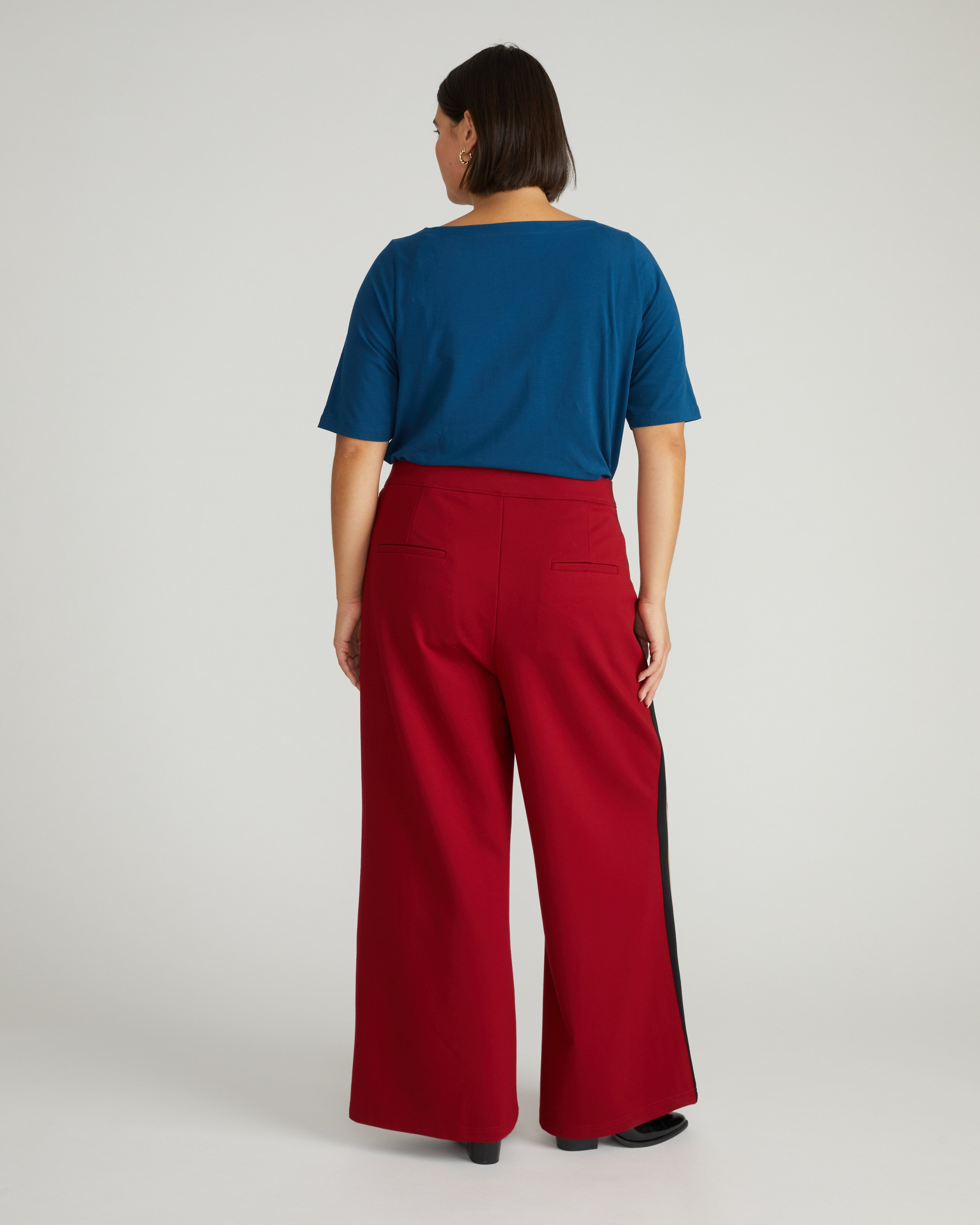 Stephanie Wide Leg Stripe Ponte Pants 30 Inch - Garnet with Camel/Black Stripe
