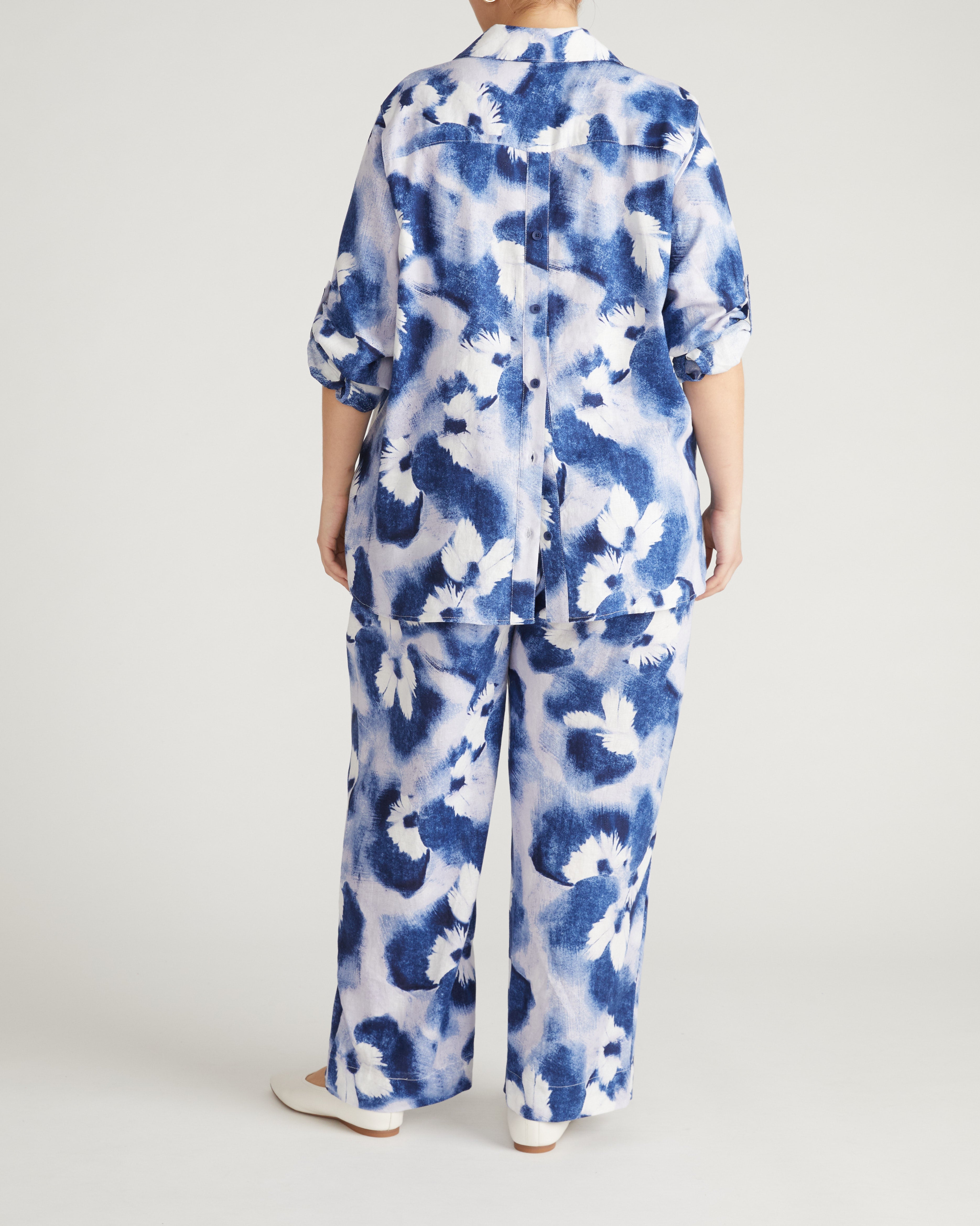 Iris Linen Blend Easy Pull-On Pants - Blue Pressed Flower Print