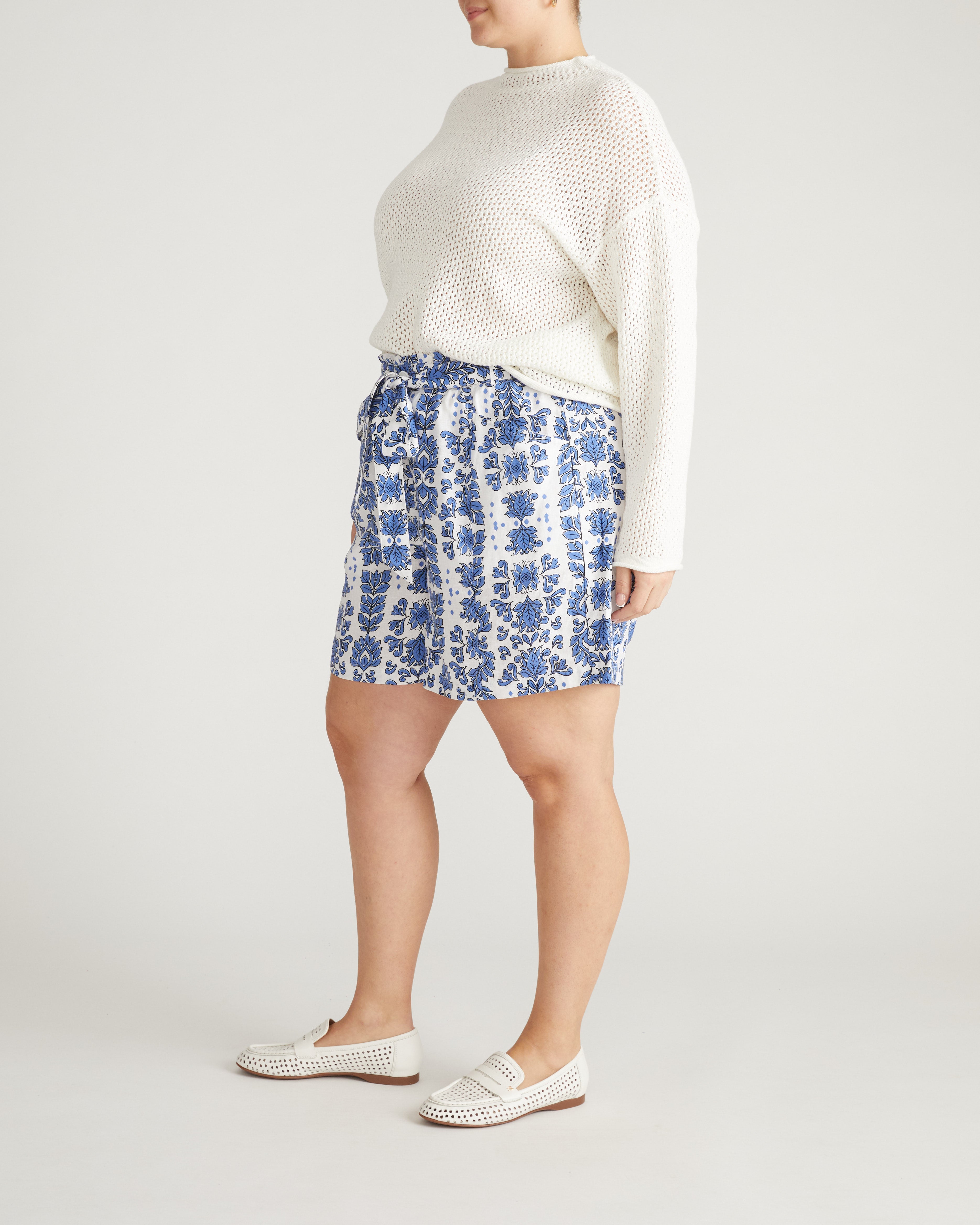 Harbor Stretch Linen Blend Paperbag Shorts - Rococo Beach Print