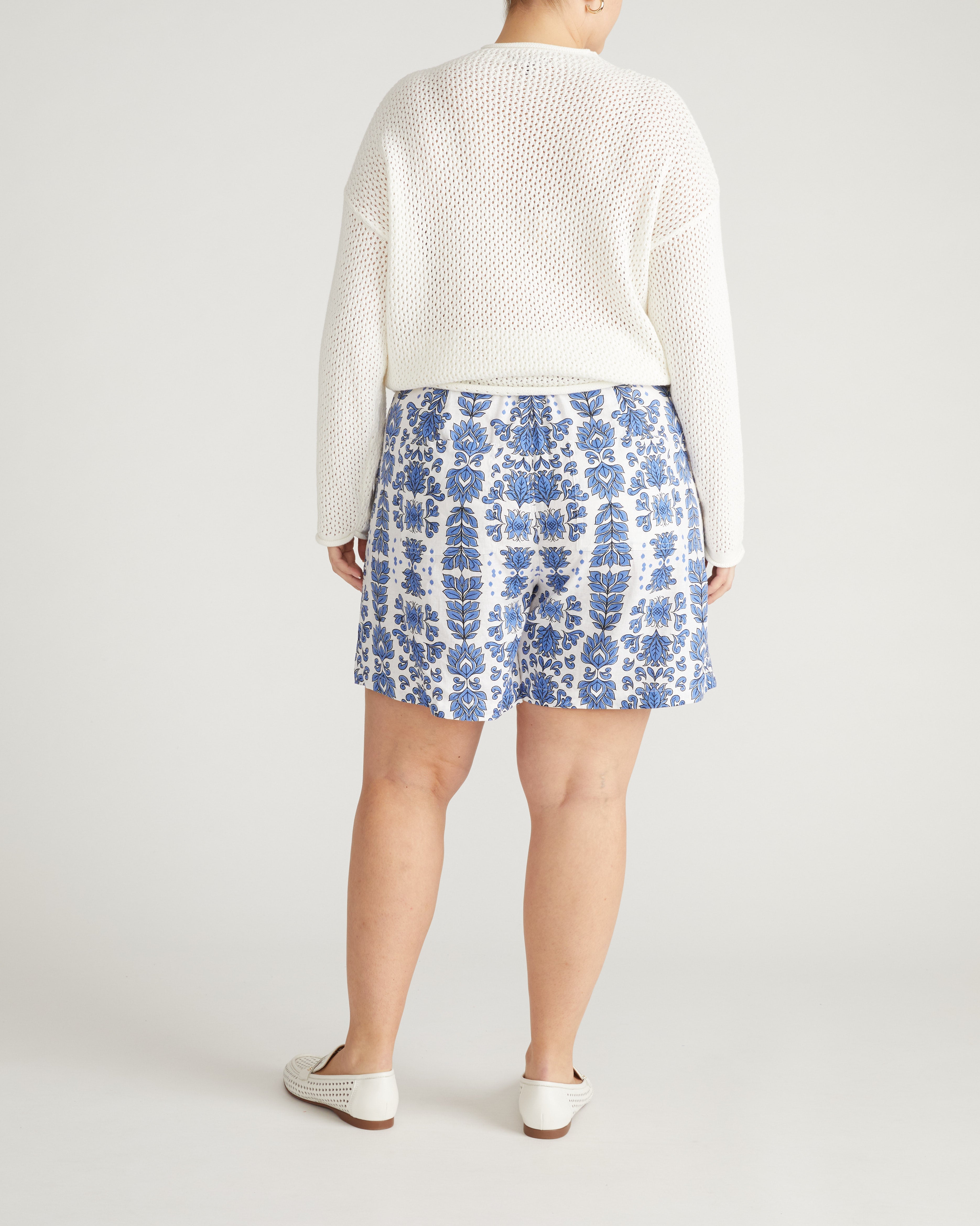 Harbor Stretch Linen Blend Paperbag Shorts - Rococo Beach Print