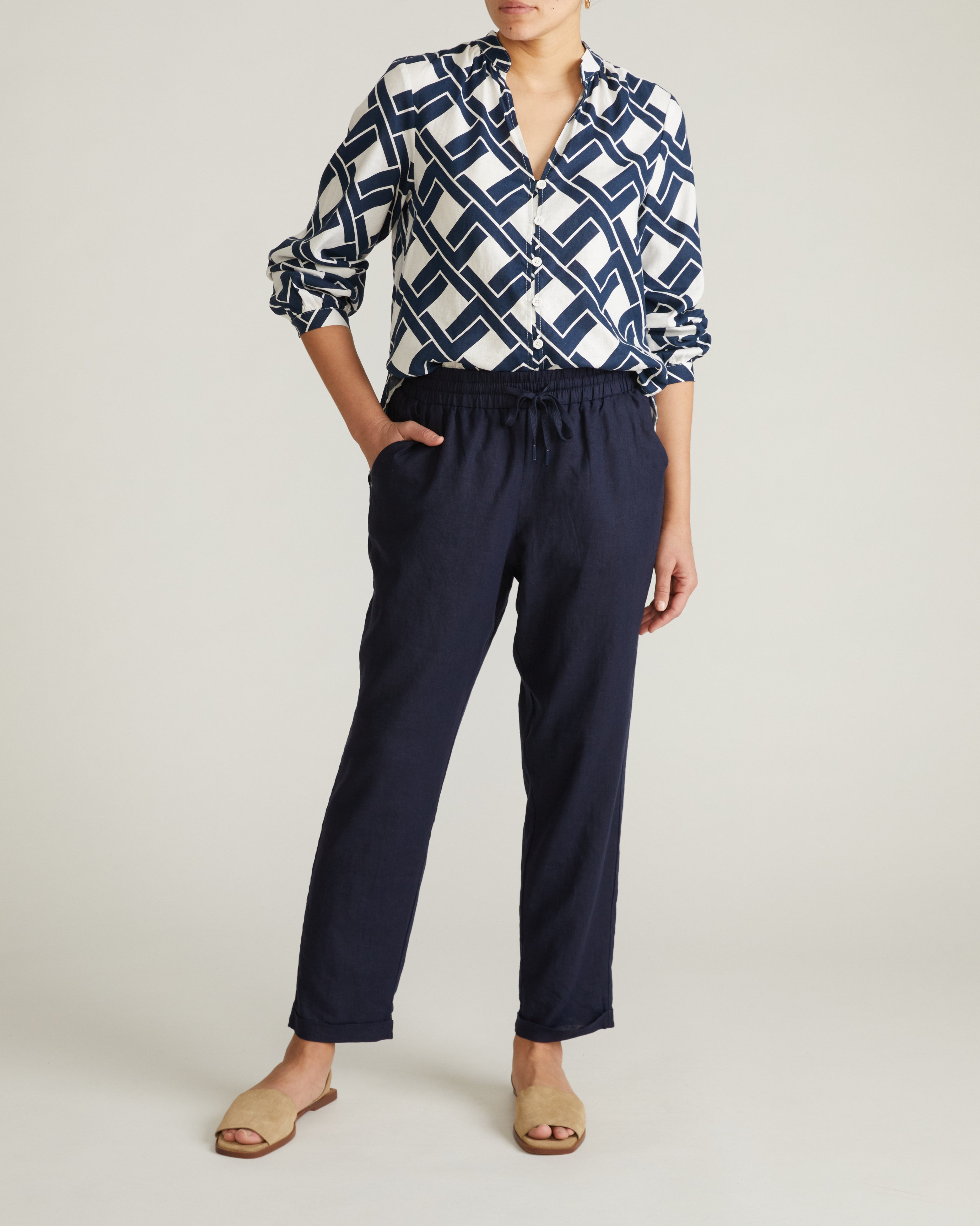 Sayville Linen Blend Drawstring Pant - Navy