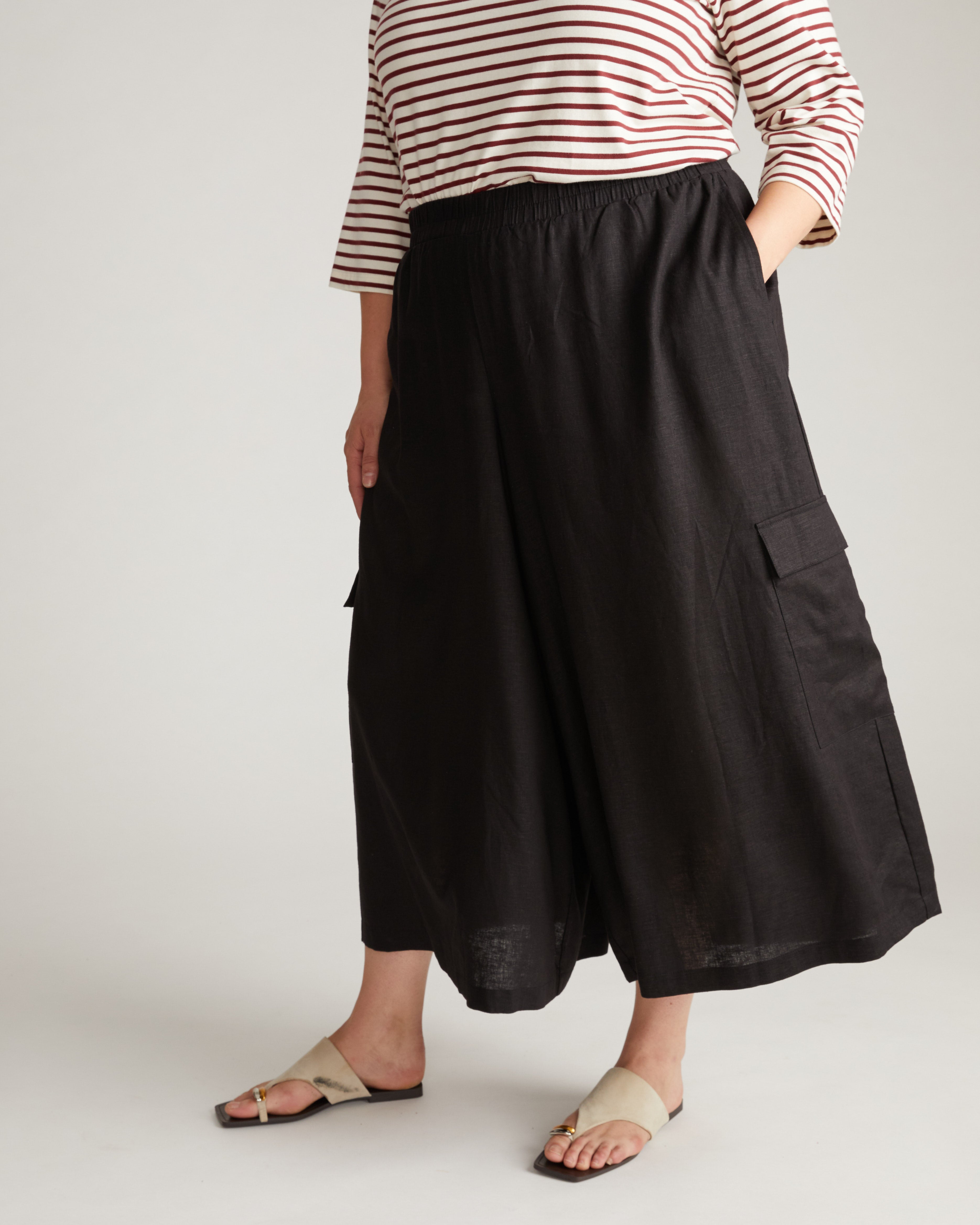 Palazzo Cargo Linen Blend Pant - Black