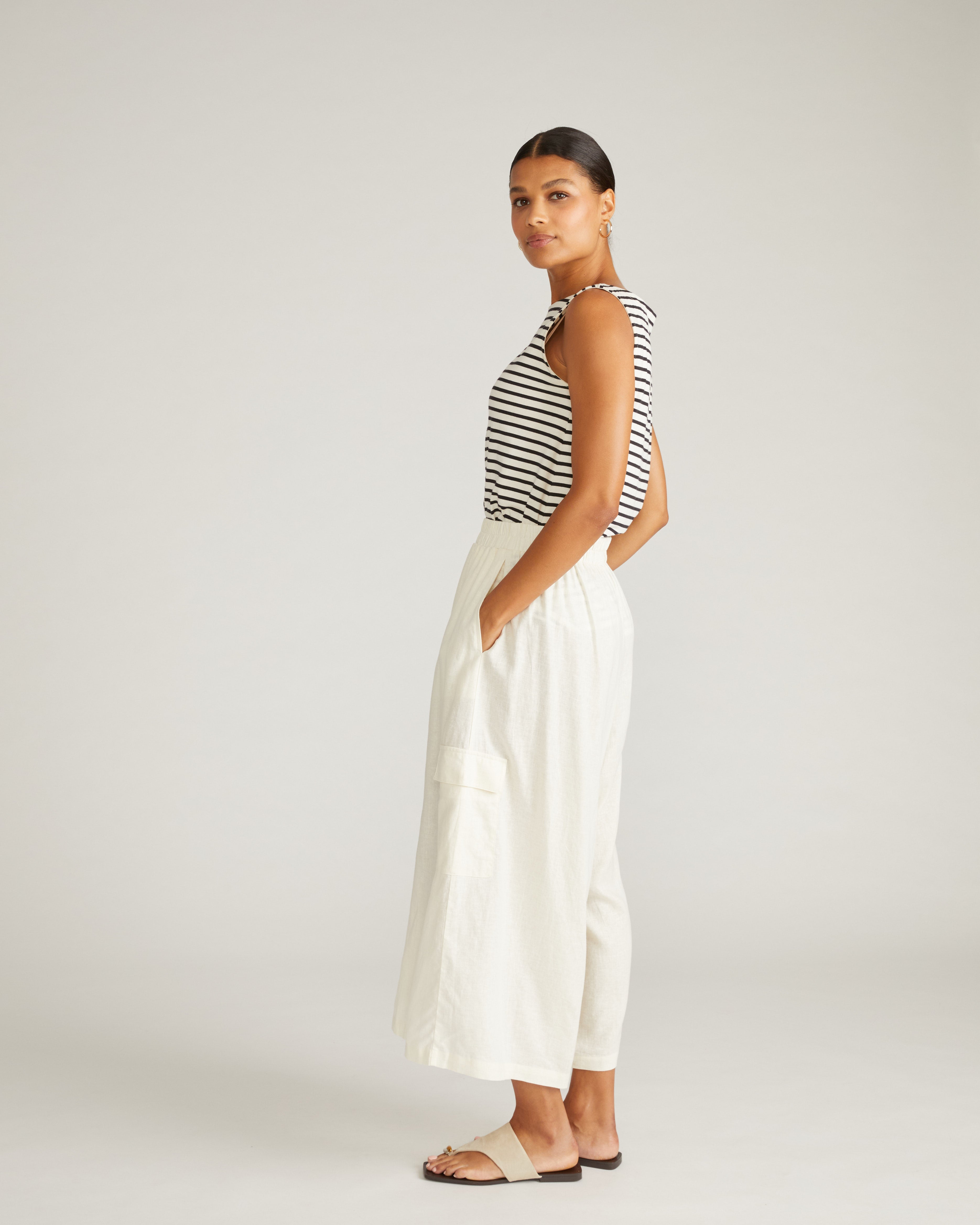 Palazzo Cargo Linen Blend Pant - Natural White