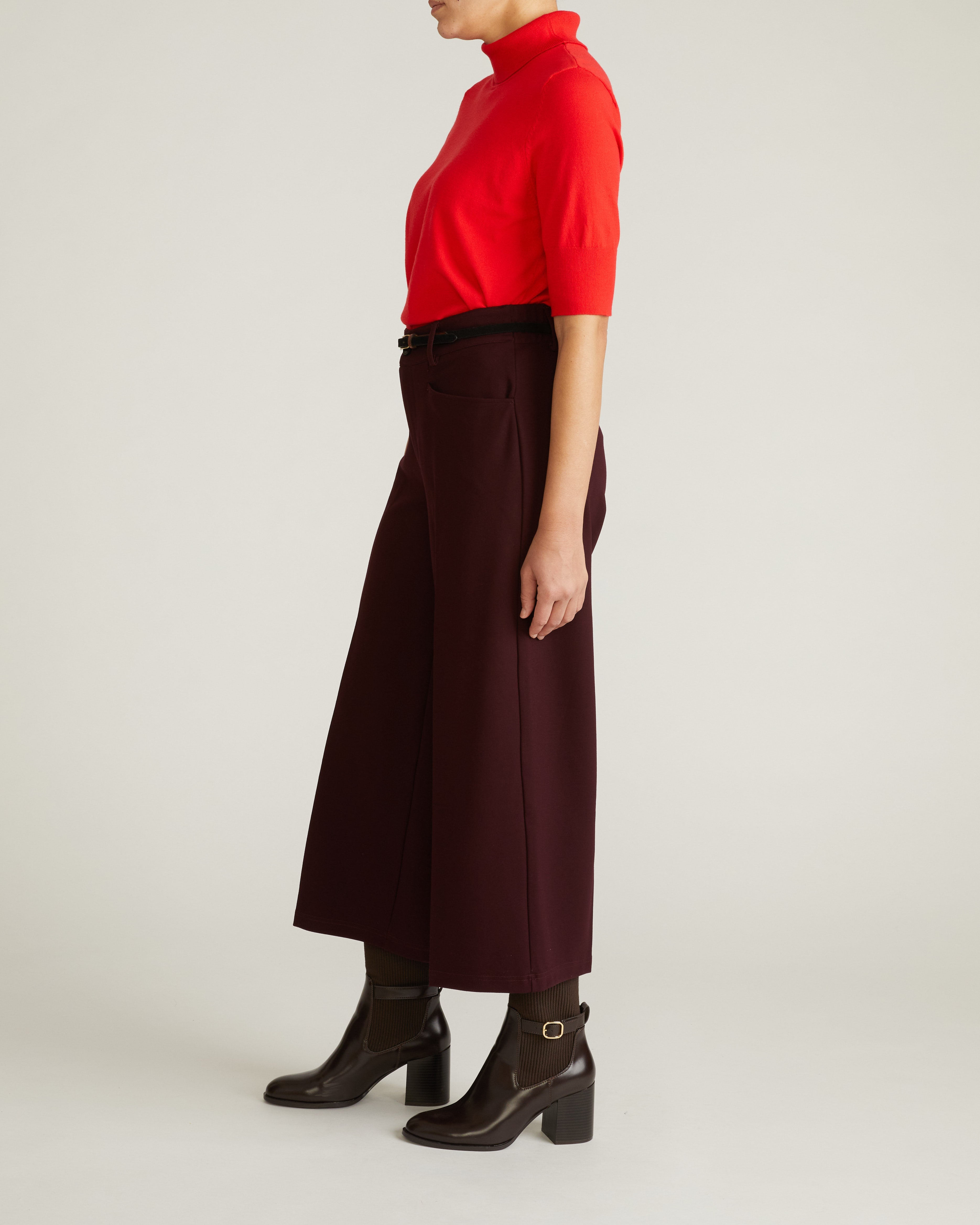 Cropped Wide Leg Ponte Pants - Black Cherry