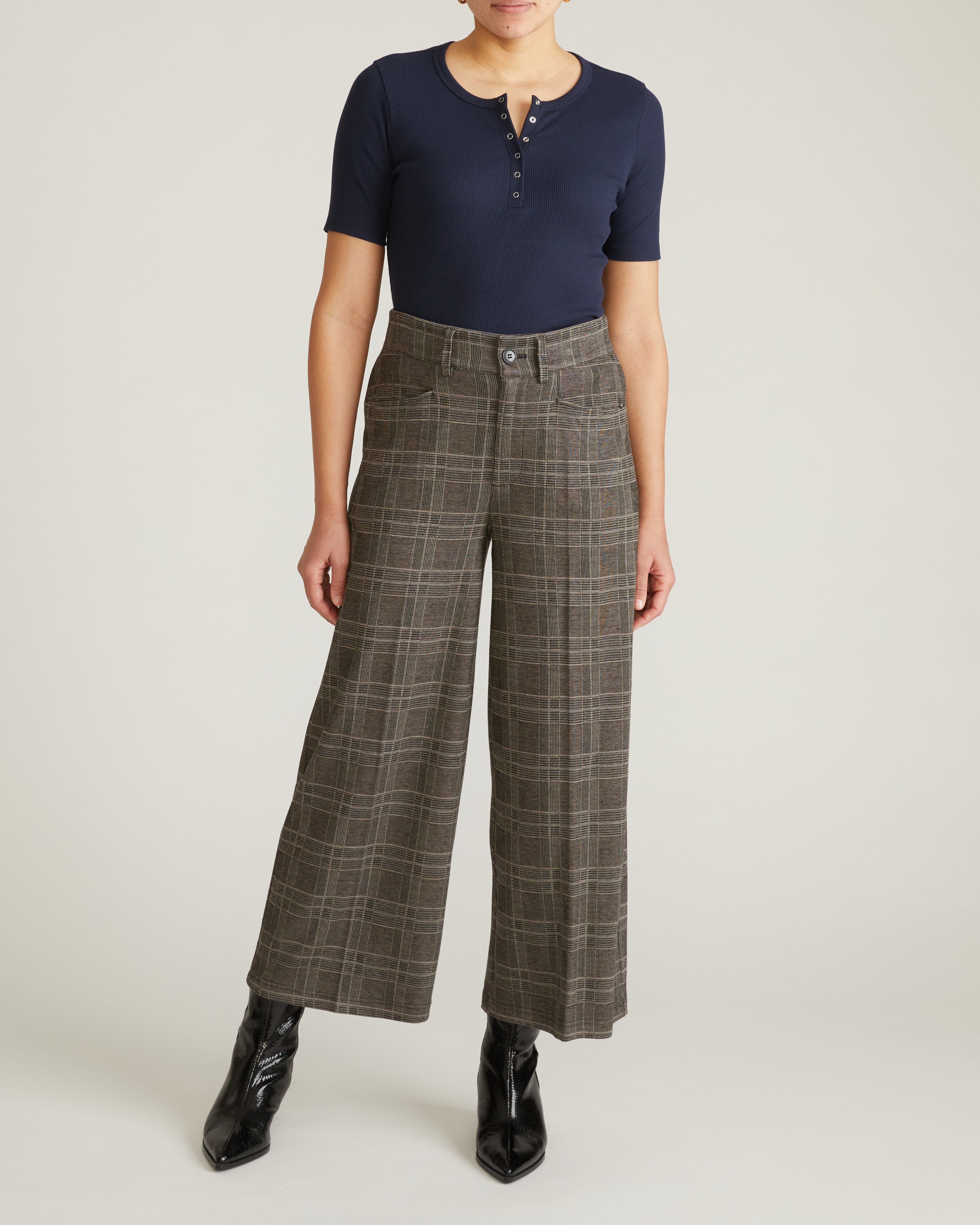 Cropped Wide Leg Ponte Pants - British Plaid