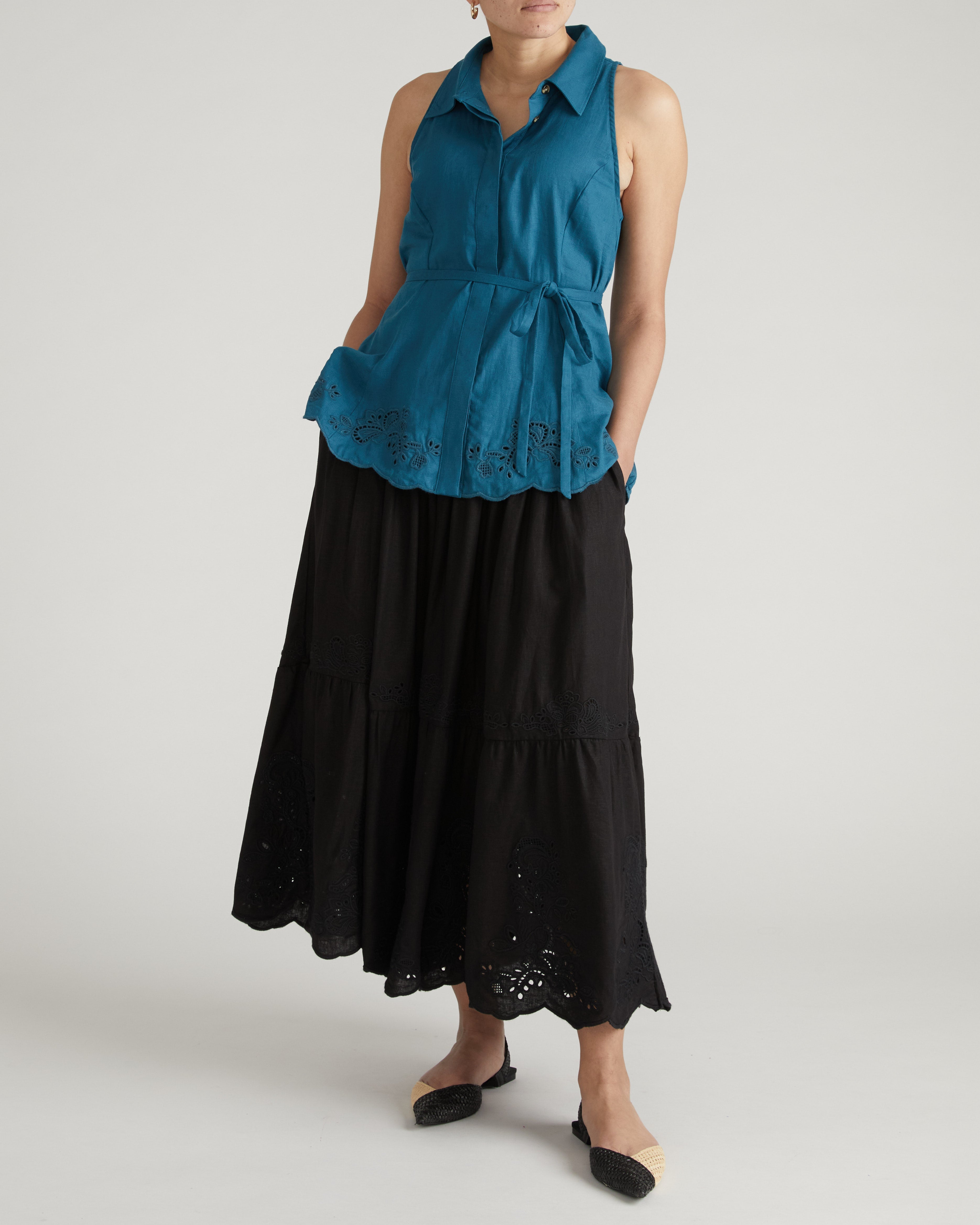 Tosca Embroidered Linen Blend Maxi Skirt - Black