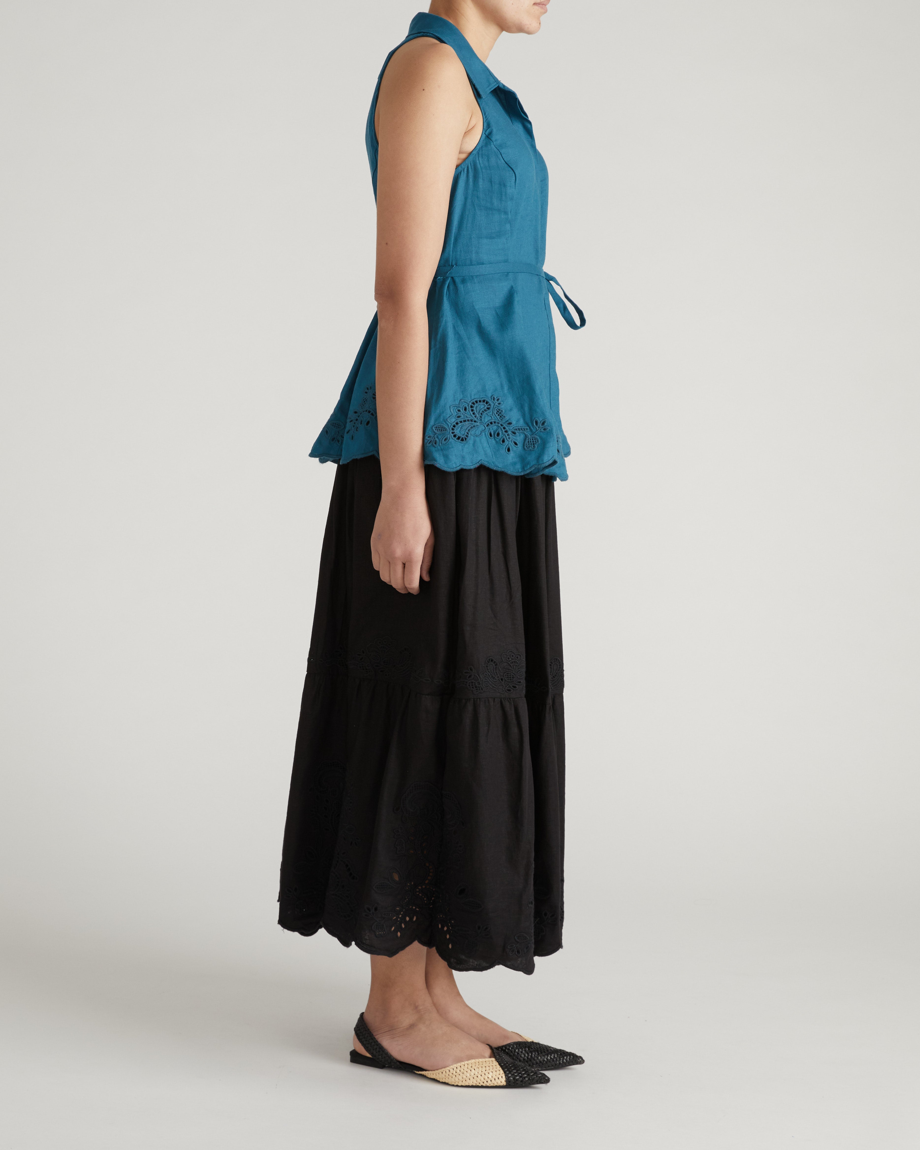 Tosca Embroidered Linen Blend Maxi Skirt - Black