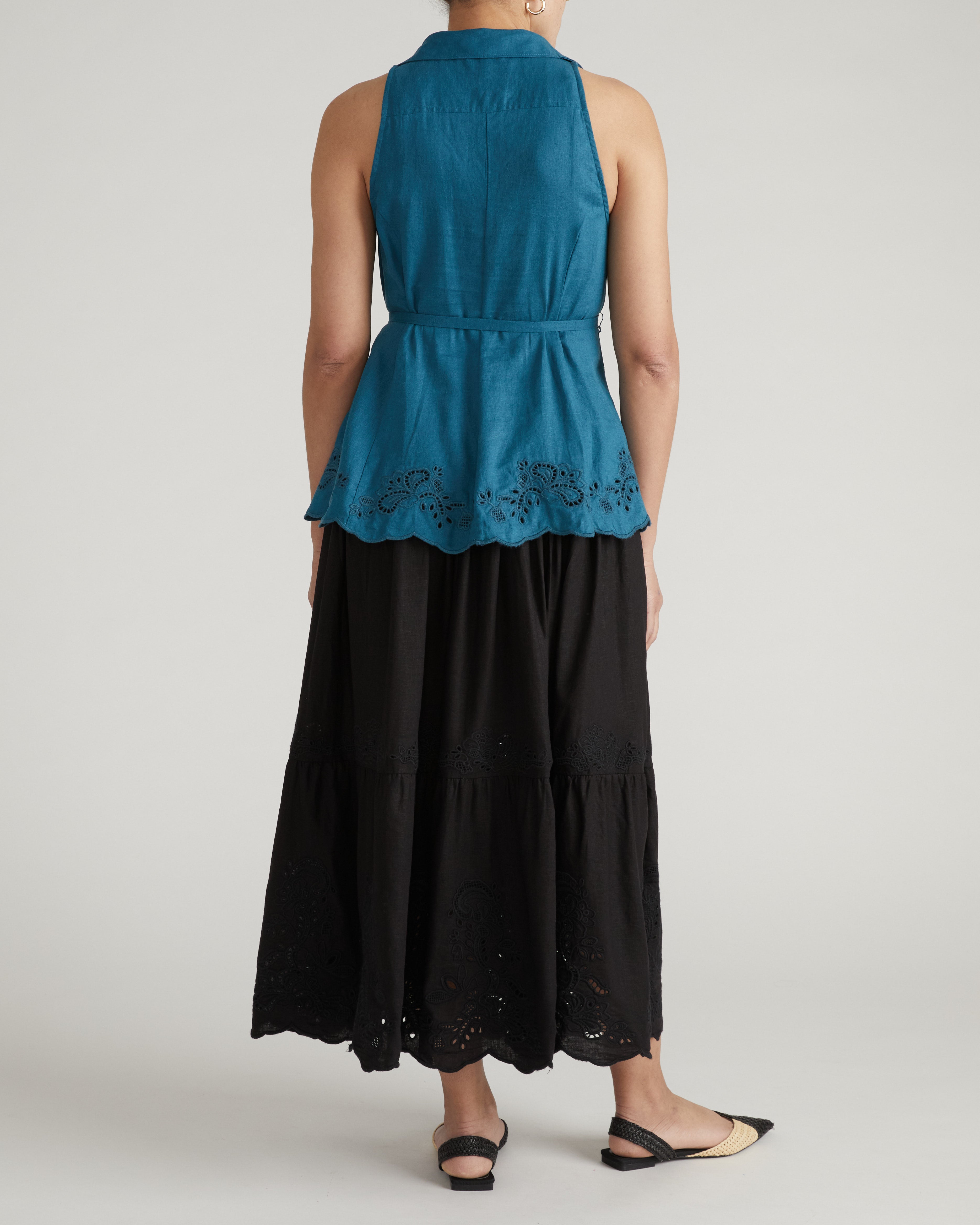 Tosca Embroidered Linen Blend Maxi Skirt - Black