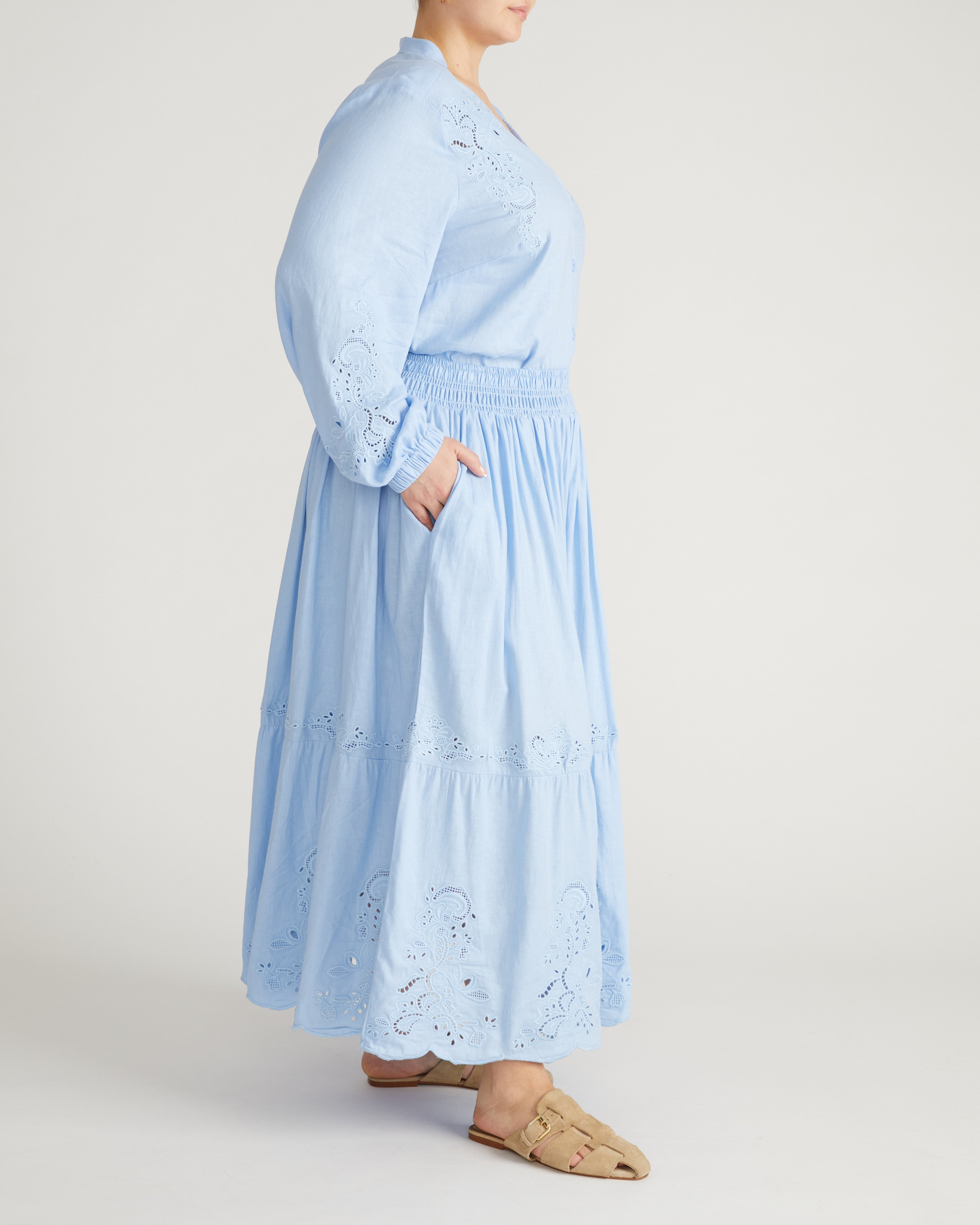 Tosca Embroidered Linen Blend Maxi Skirt - Cielo Blue