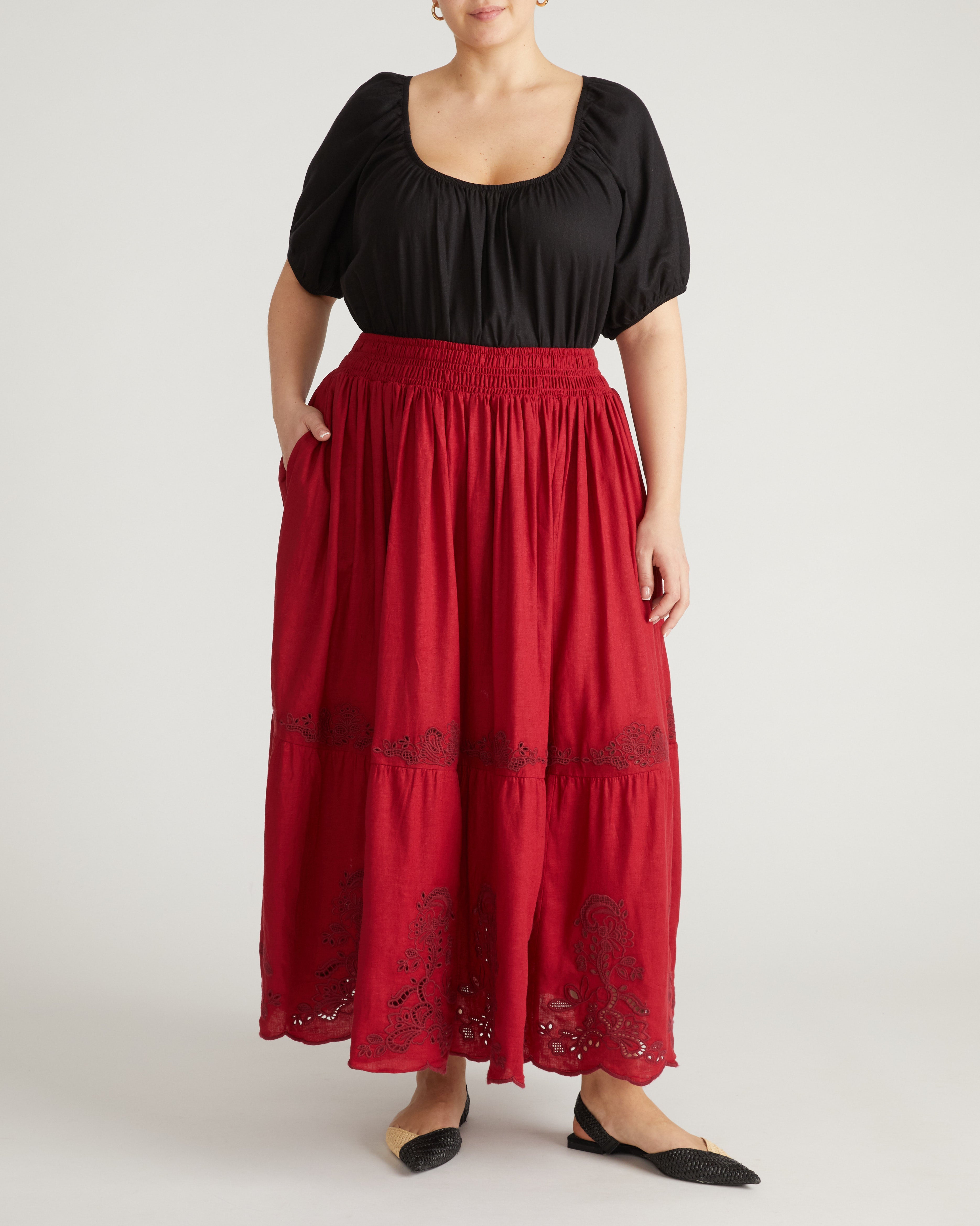 Tosca Embroidered Linen Blend Maxi Skirt - Vibrant Red
