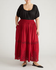 Tosca Embroidered Linen Blend Maxi Skirt - Vibrant Red