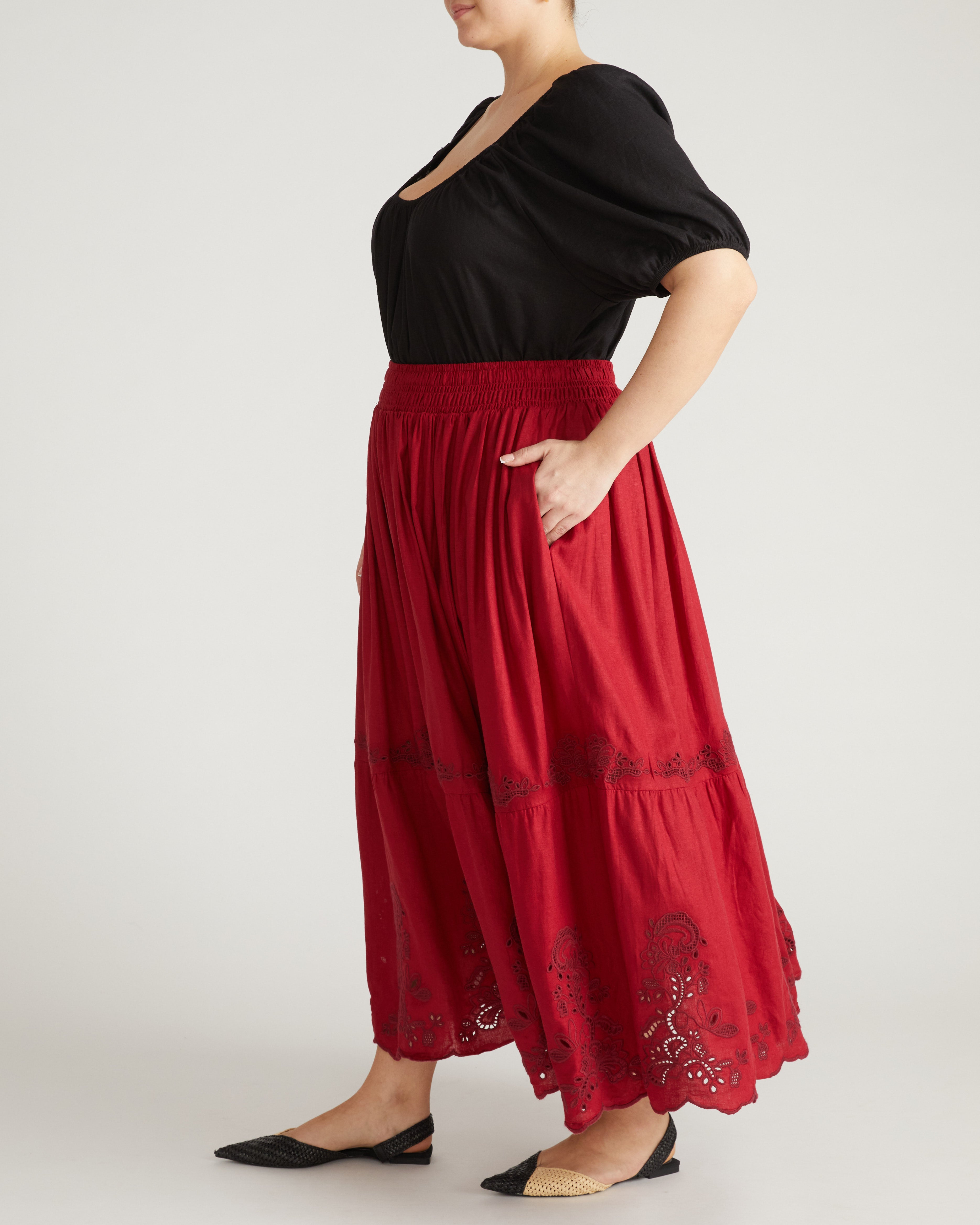 Tosca Embroidered Linen Blend Maxi Skirt - Vibrant Red