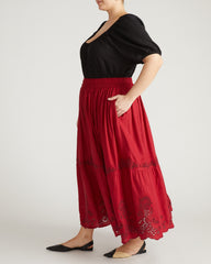 Tosca Embroidered Linen Blend Maxi Skirt - Vibrant Red