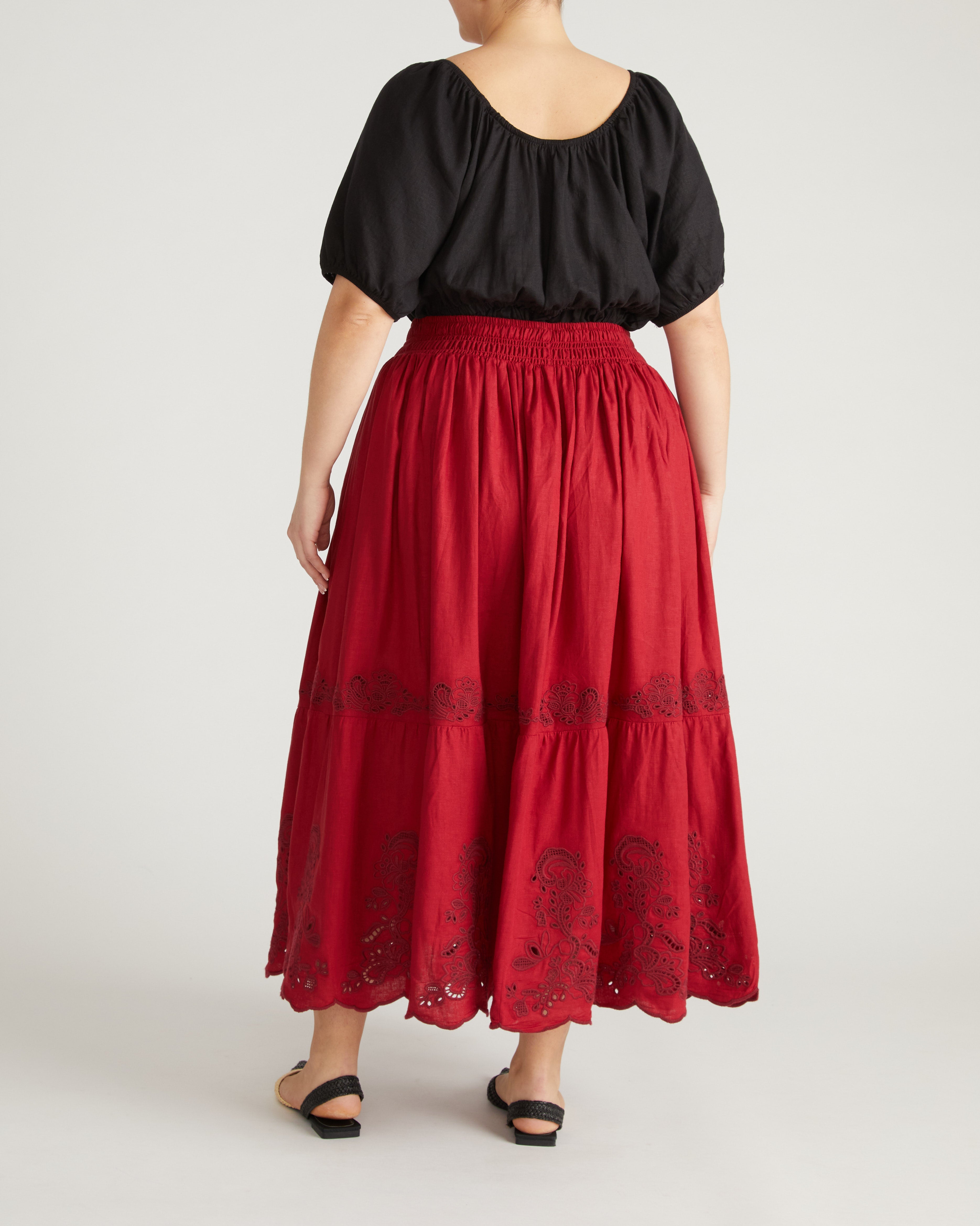 Tosca Embroidered Linen Blend Maxi Skirt - Vibrant Red