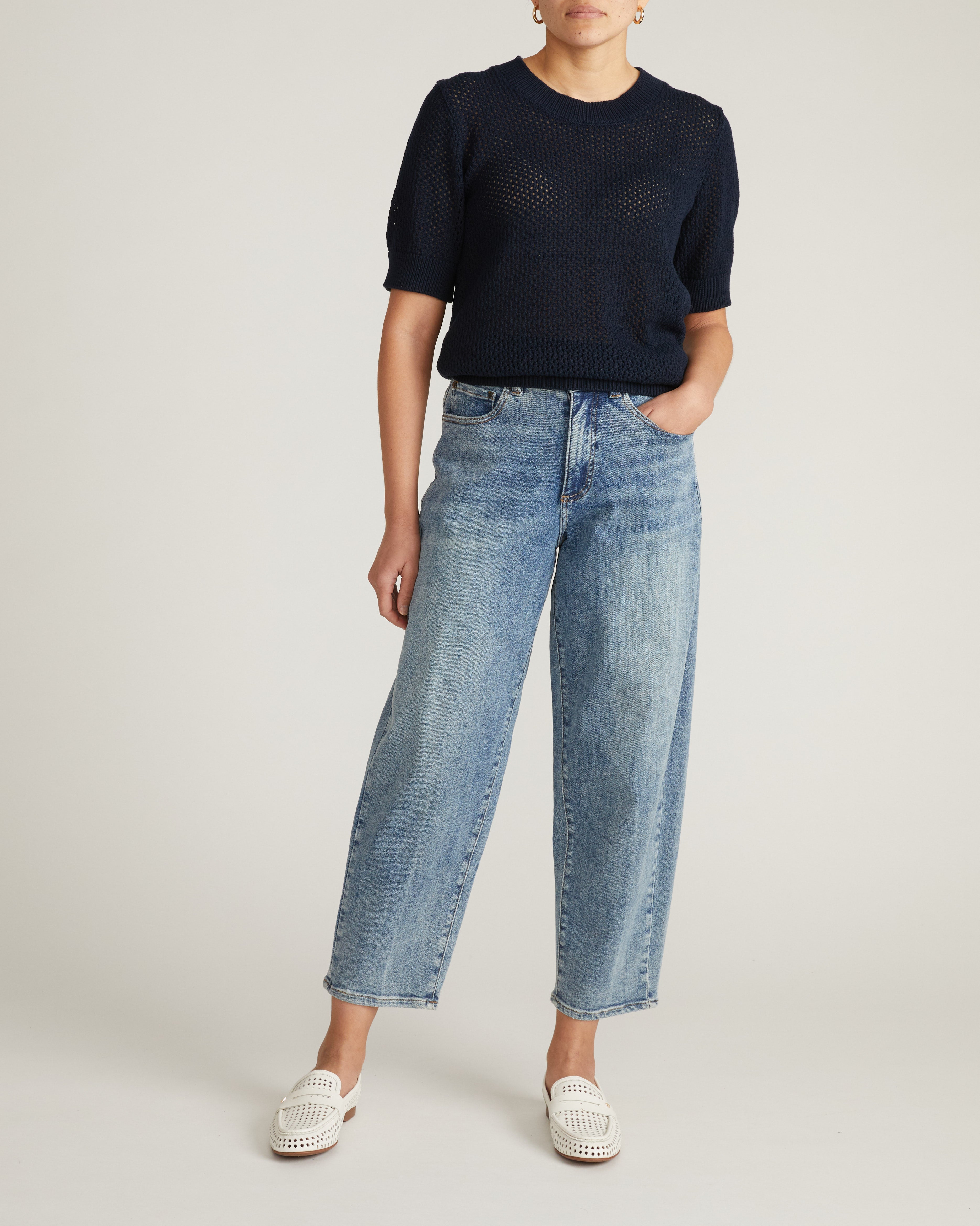 Rosie Pointelle Sweater Top - Navy