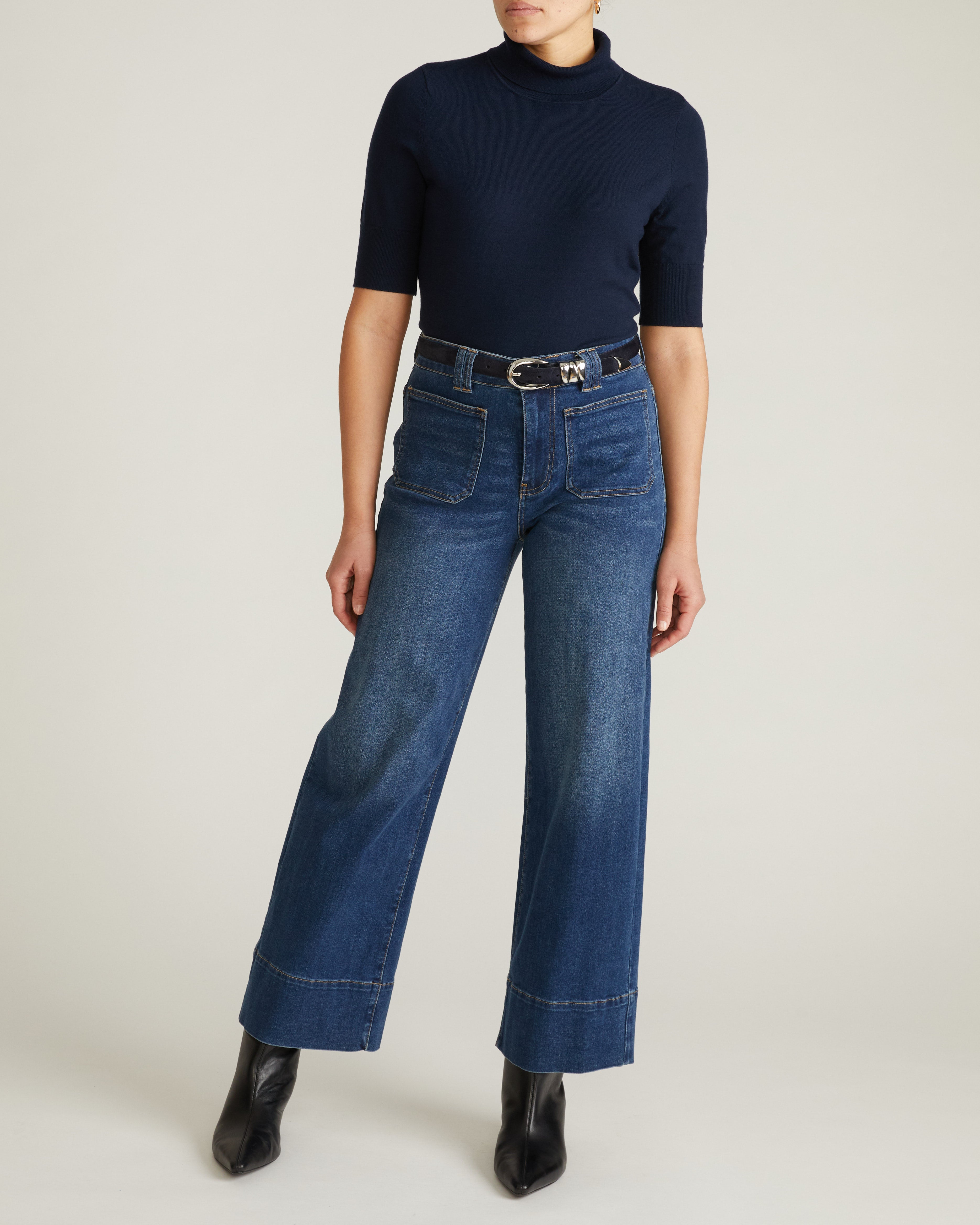 Savvy Fine Knit Turtleneck Sweater Top - Navy