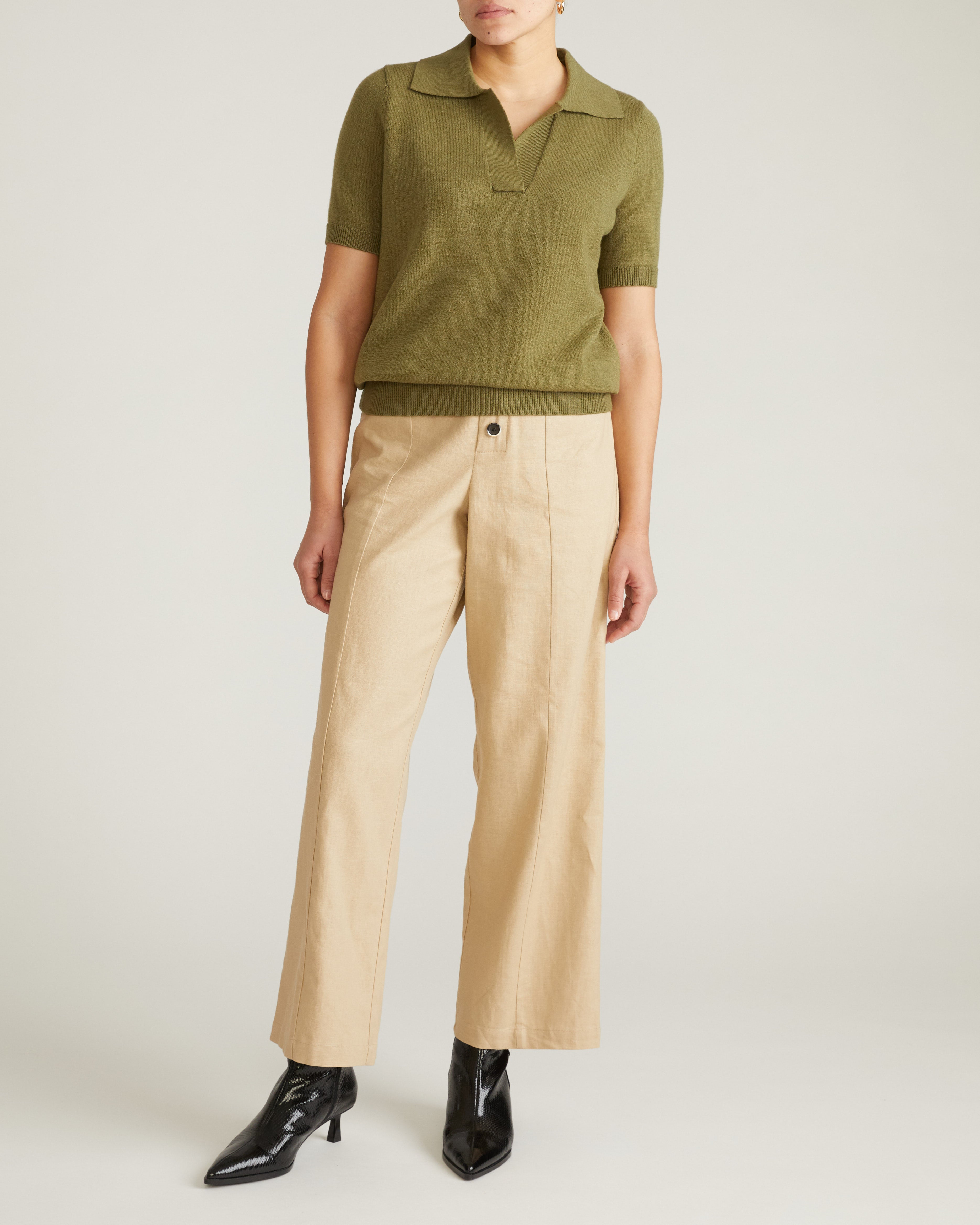 Savvy Fine Knit Short Sleeve Polo Sweater - Olive Leaf