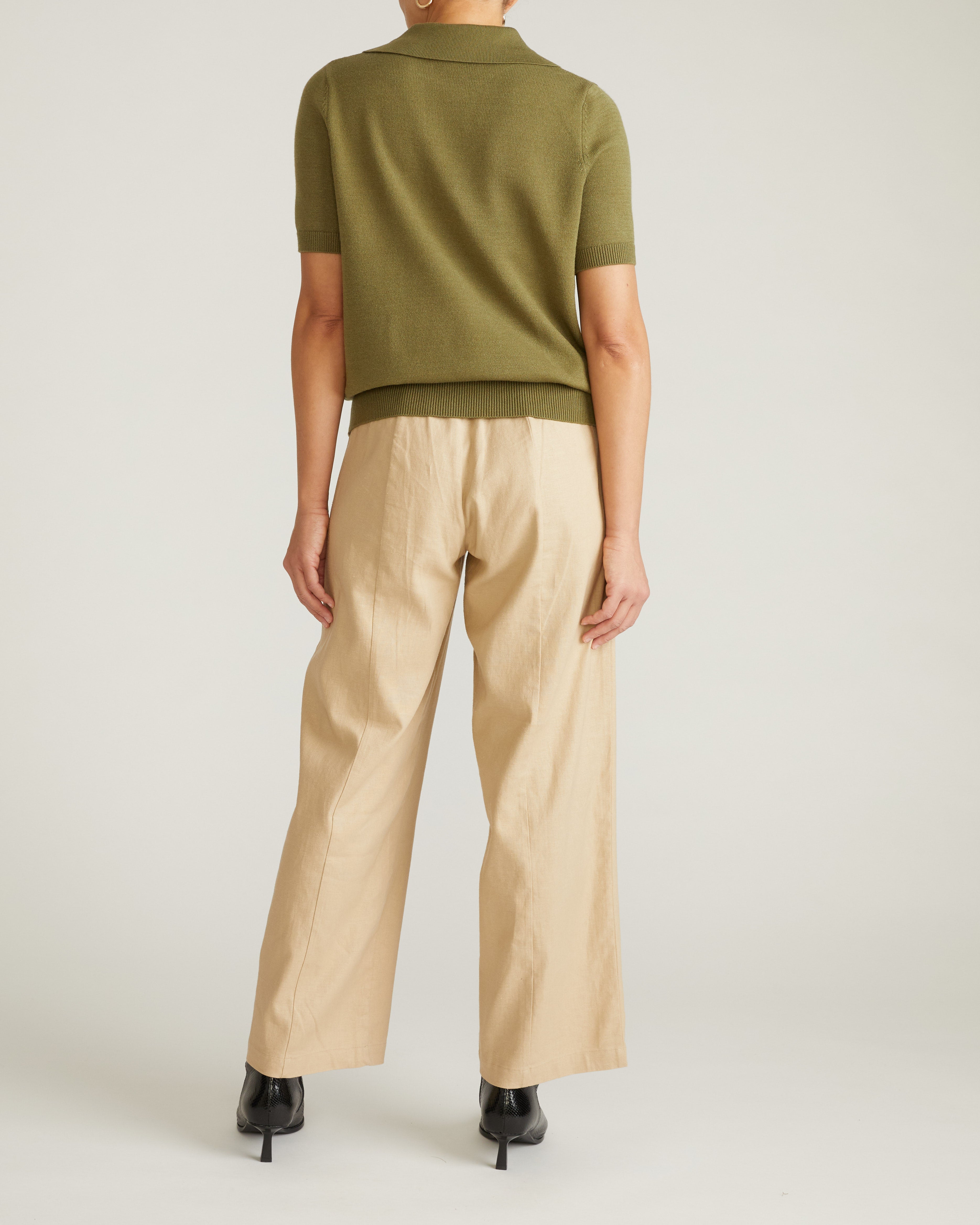 Savvy Fine Knit Short Sleeve Polo Sweater - Olive Leaf