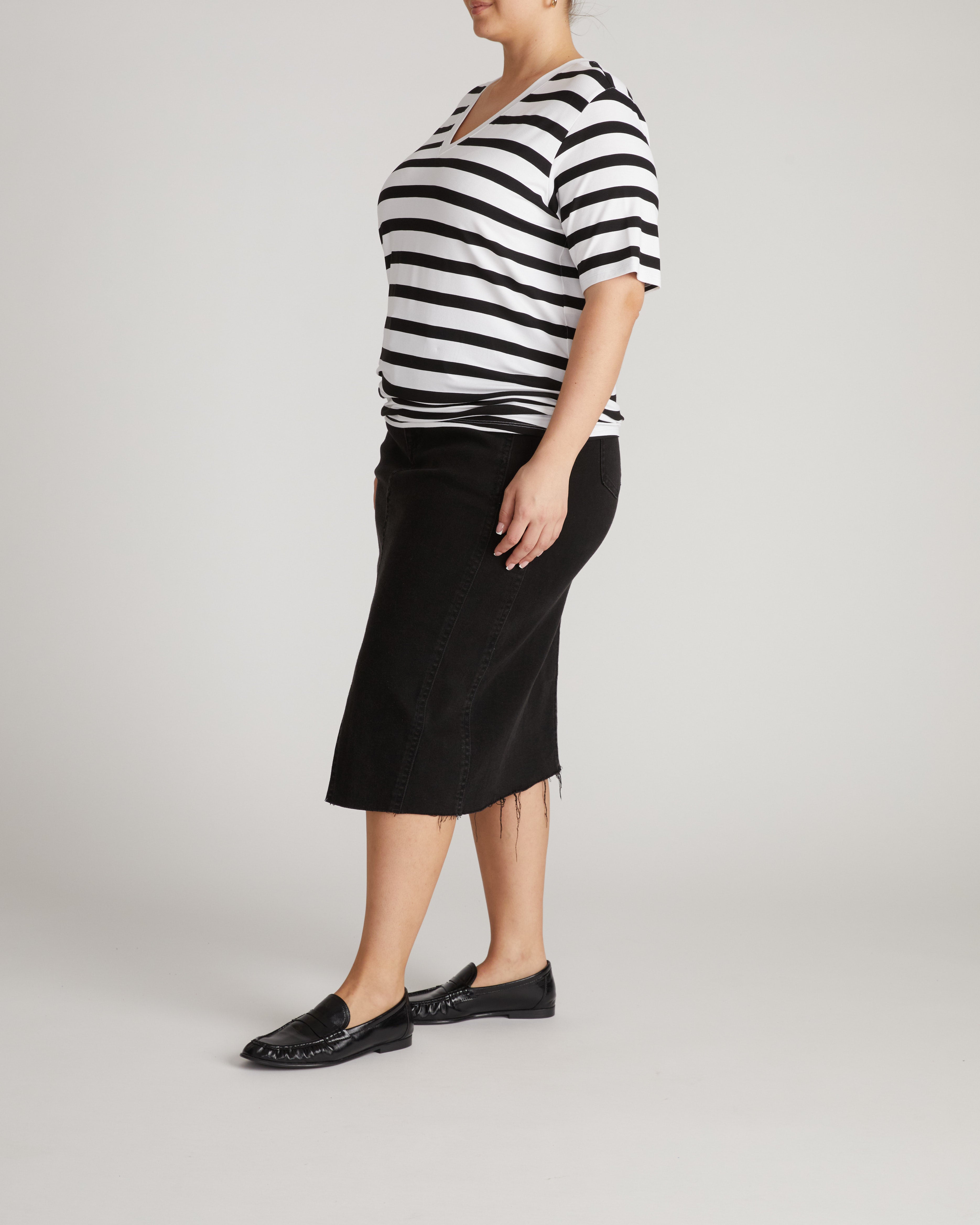 Maia Stovepipe Sleeve V Neck Tee - Black/White Stripe