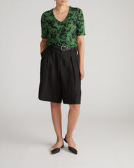 Lily Liquid Jersey V-Neck Stovepipe Tee - Green Sgraffito Print