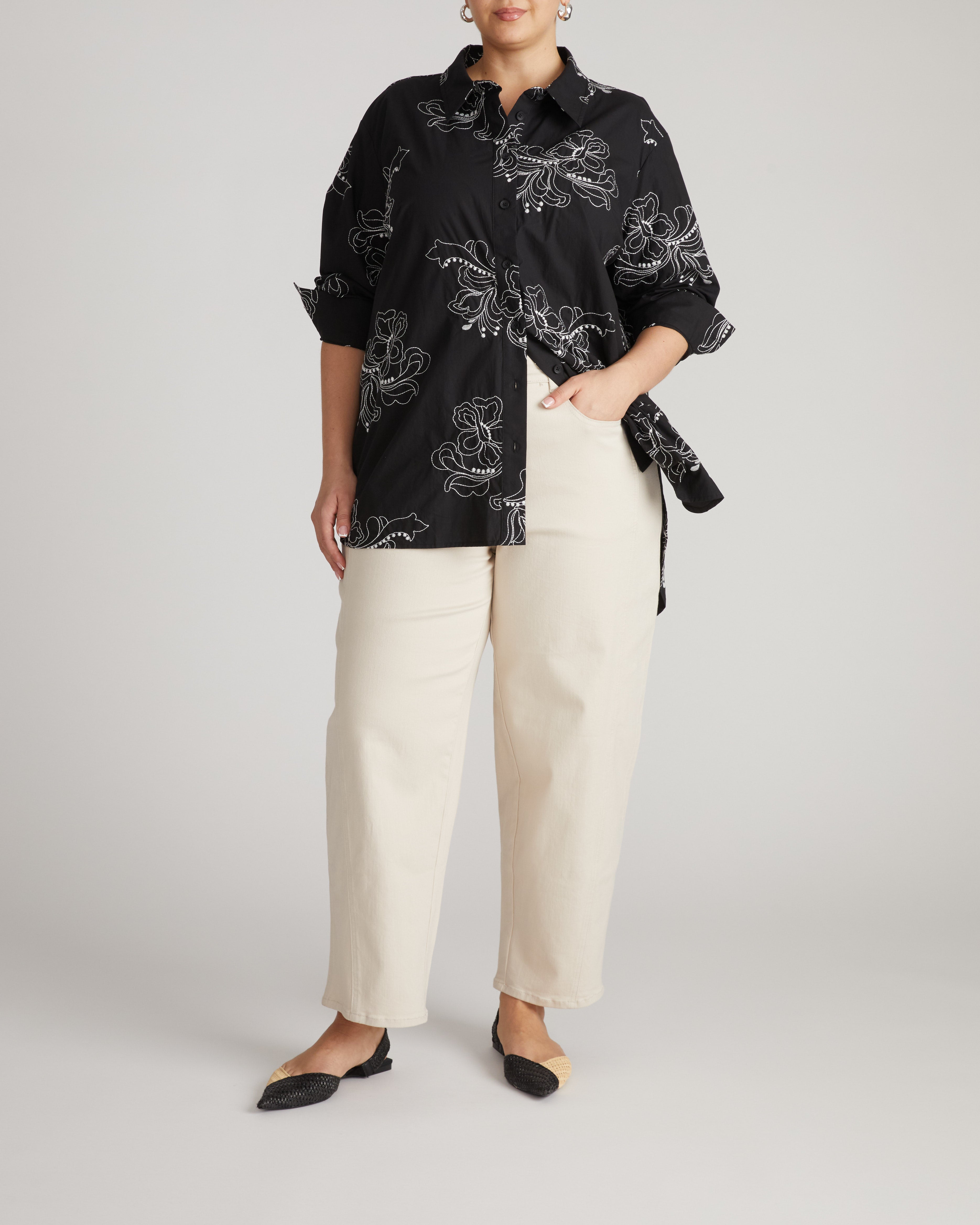 The Artist Oversized Poplin Shirt - Hibiscus Embroidery
