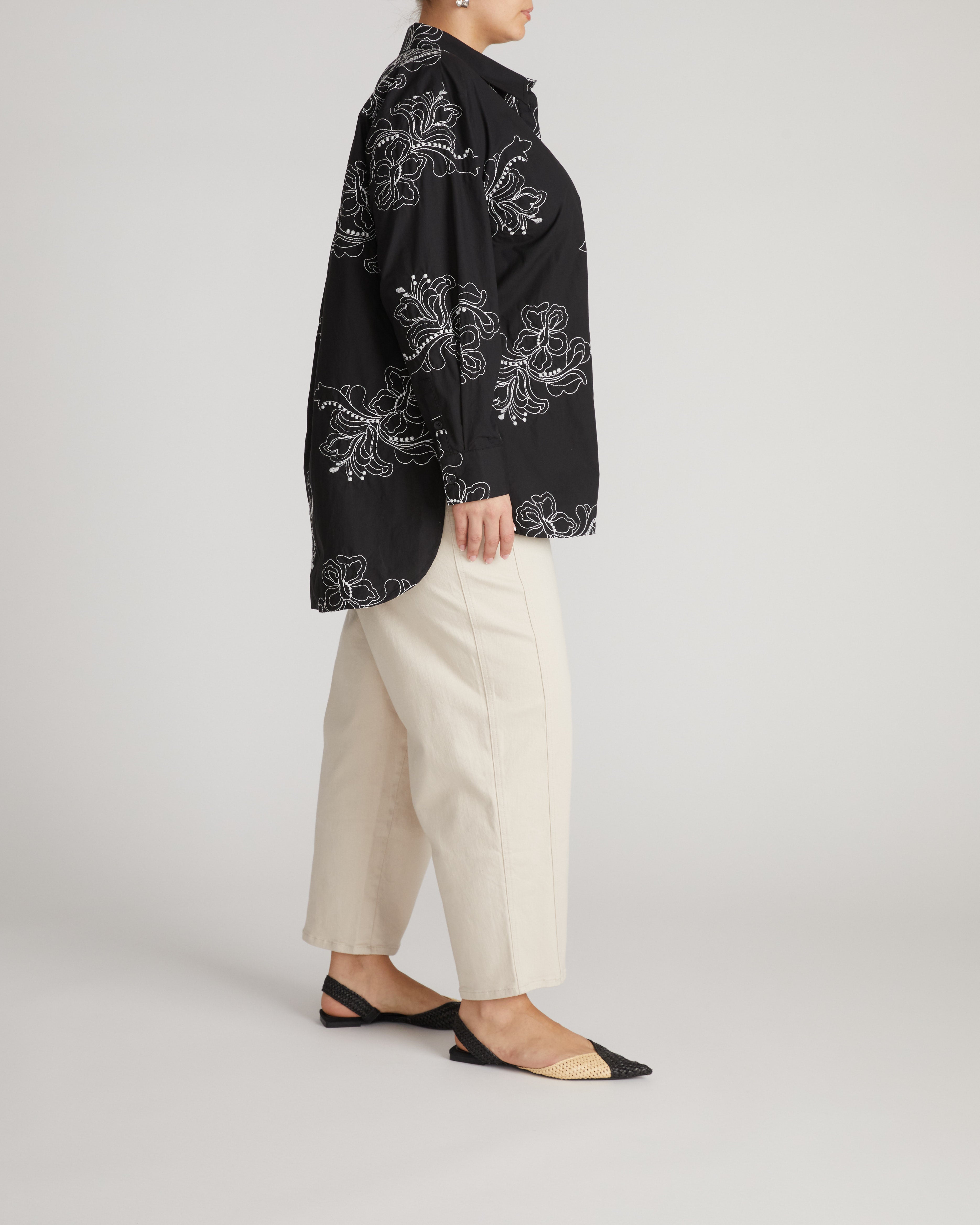 The Artist Oversized Poplin Shirt - Hibiscus Embroidery