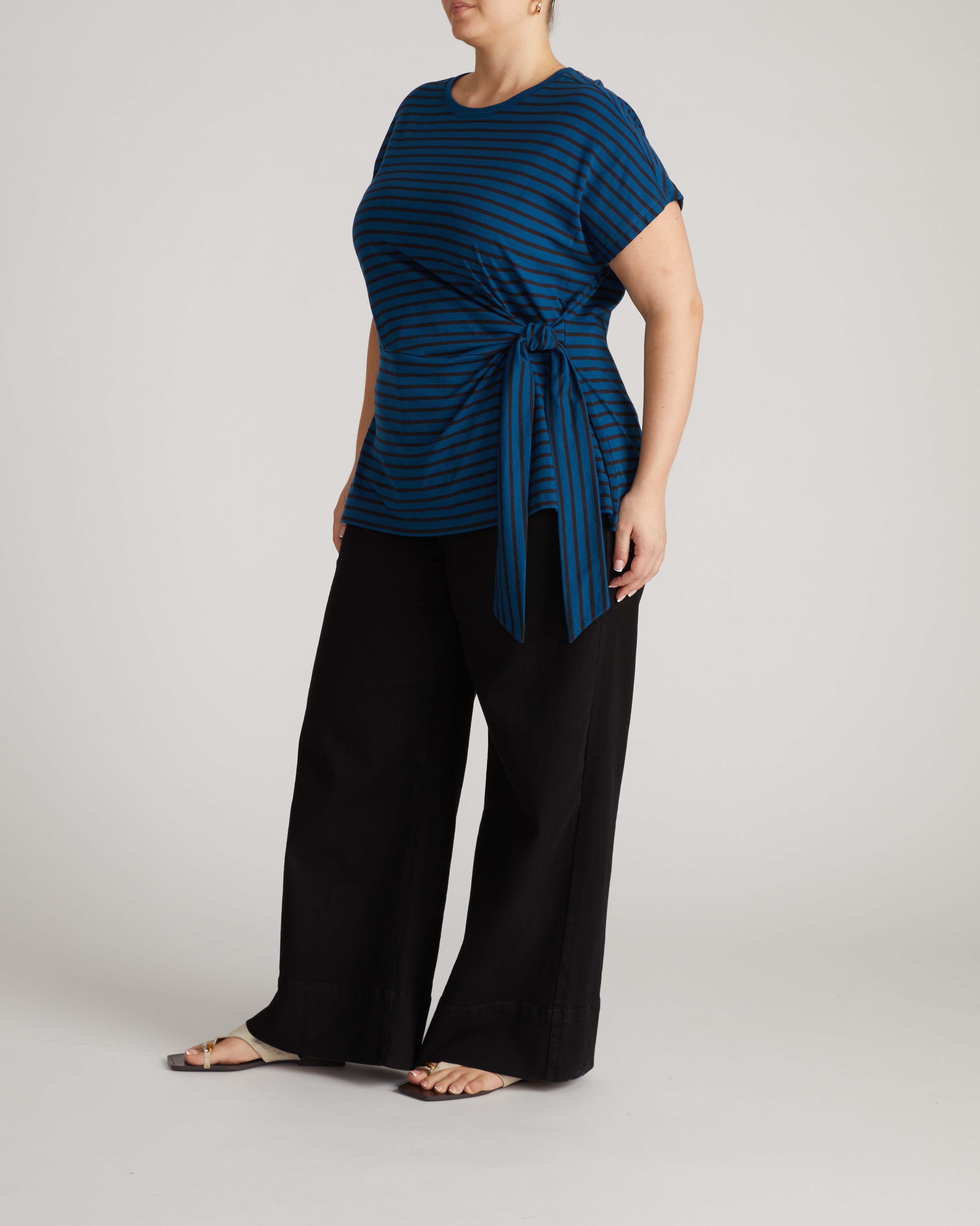 Crescent Breton Stripe Knot Tee - Deep Teal/Black Stripe