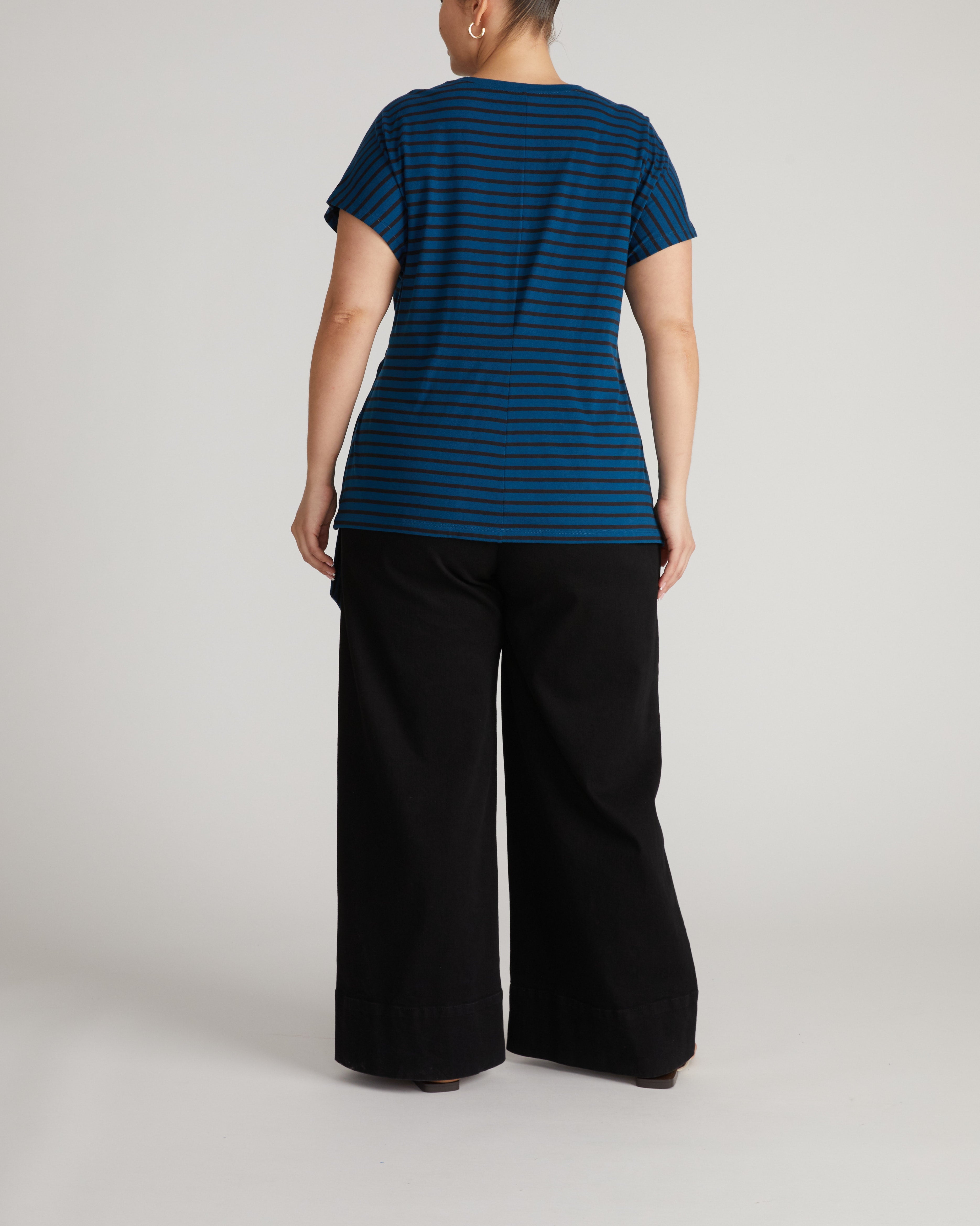 Crescent Breton Stripe Knot Tee - Deep Teal/Black Stripe