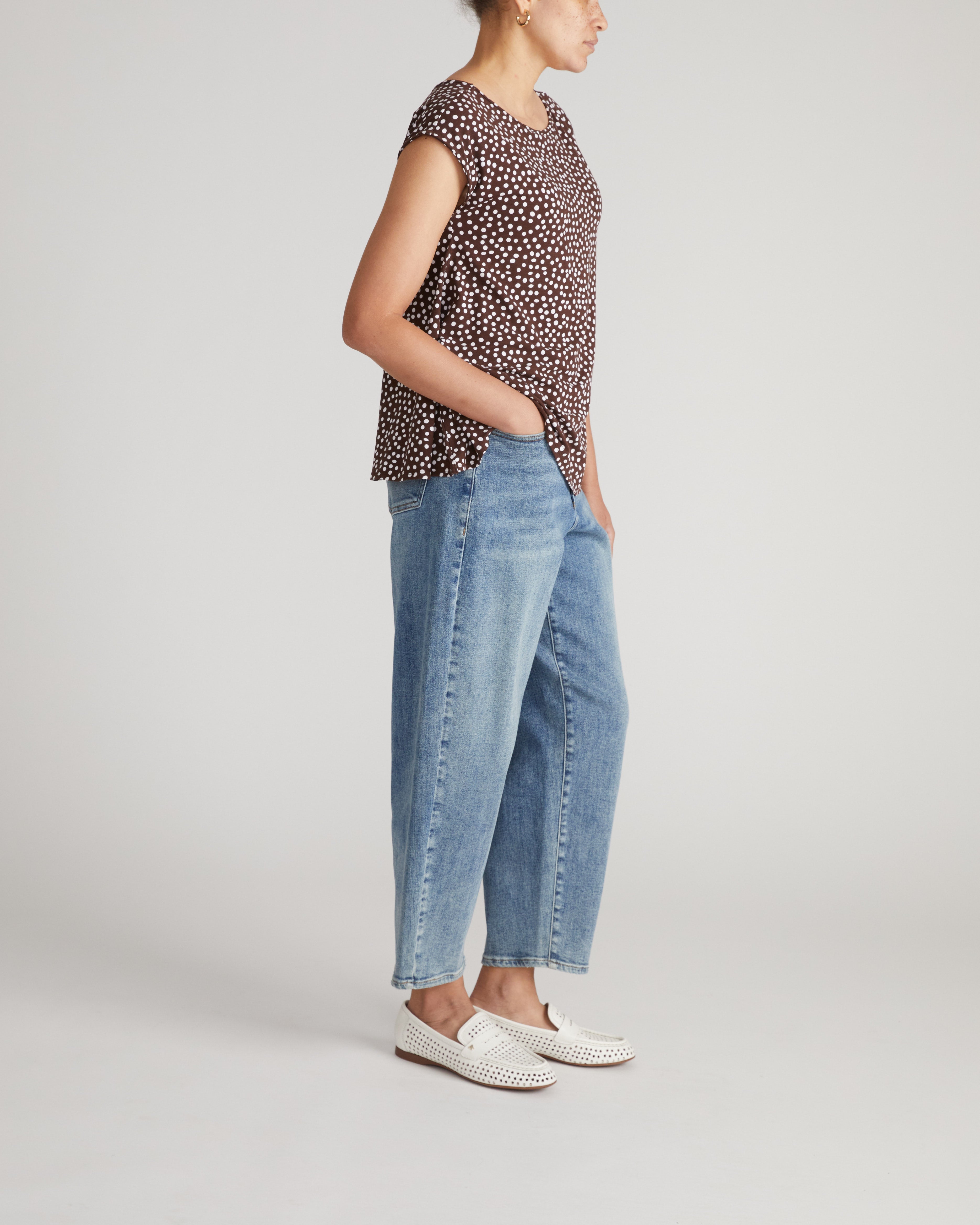 Heatwave Divine Jersey Flared Top - Brown/White Dot Print