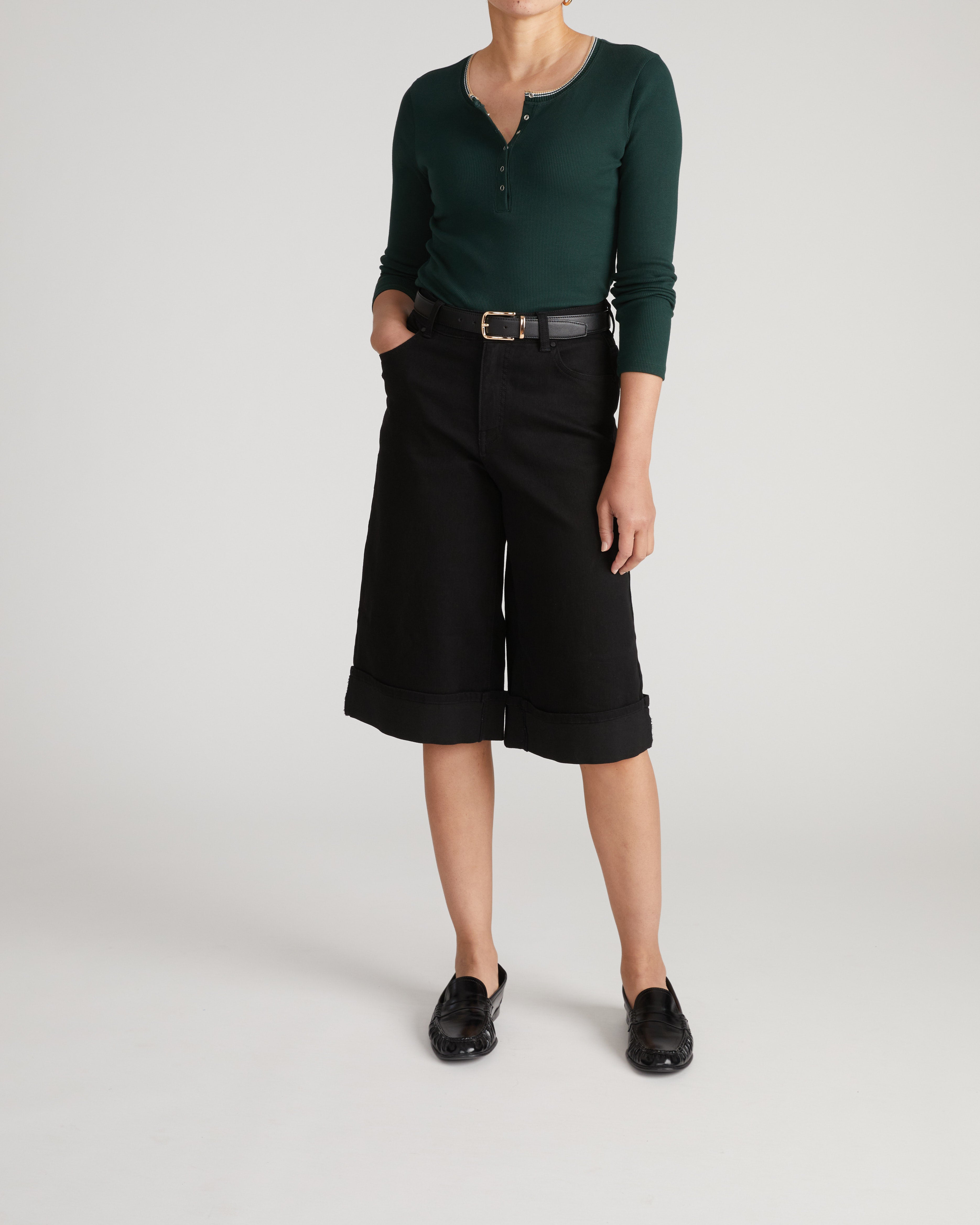 Henley Long Sleeve Ribbed Tee - Forest Green/Striped Trim