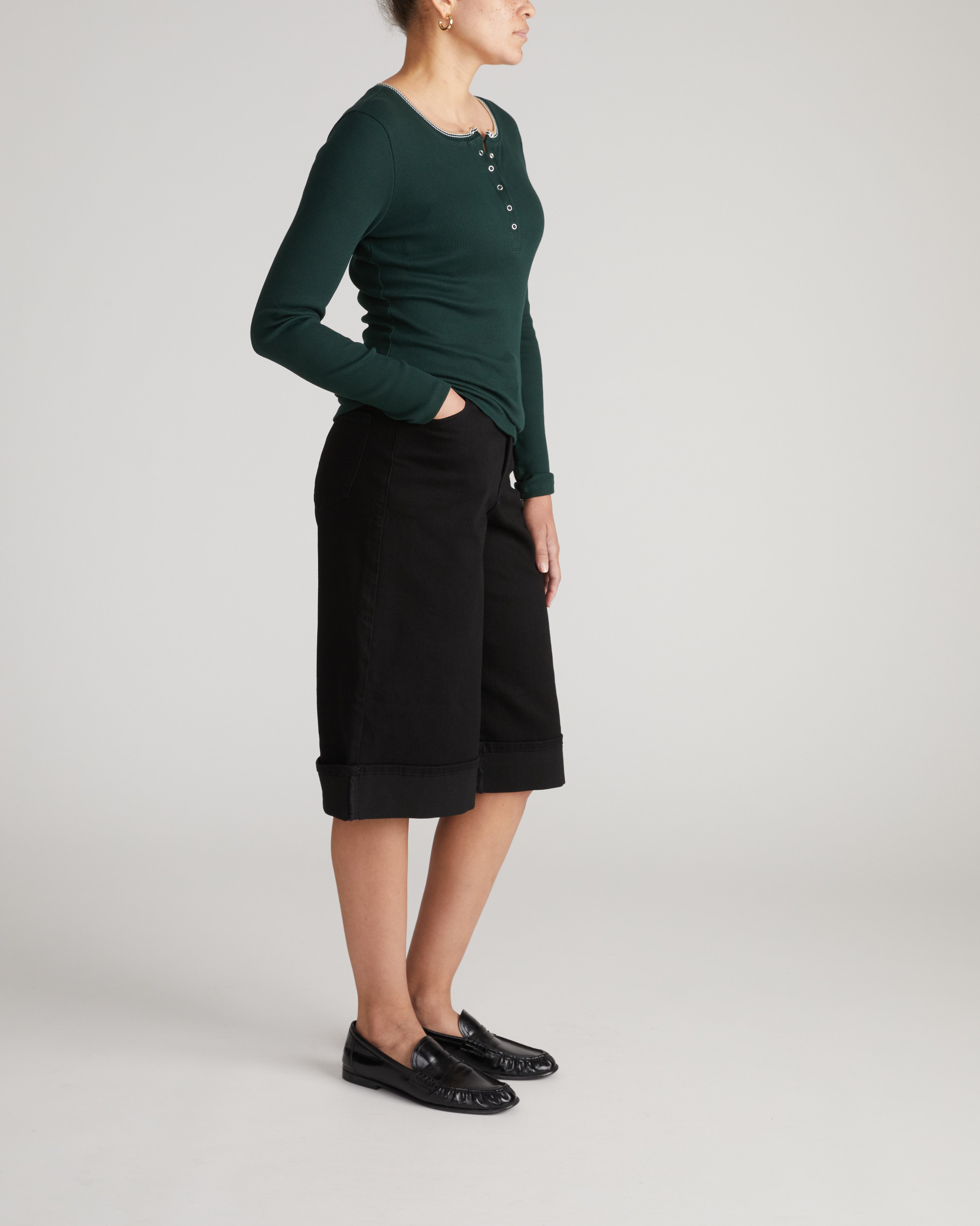 Henley Long Sleeve Ribbed Tee - Forest Green/Striped Trim