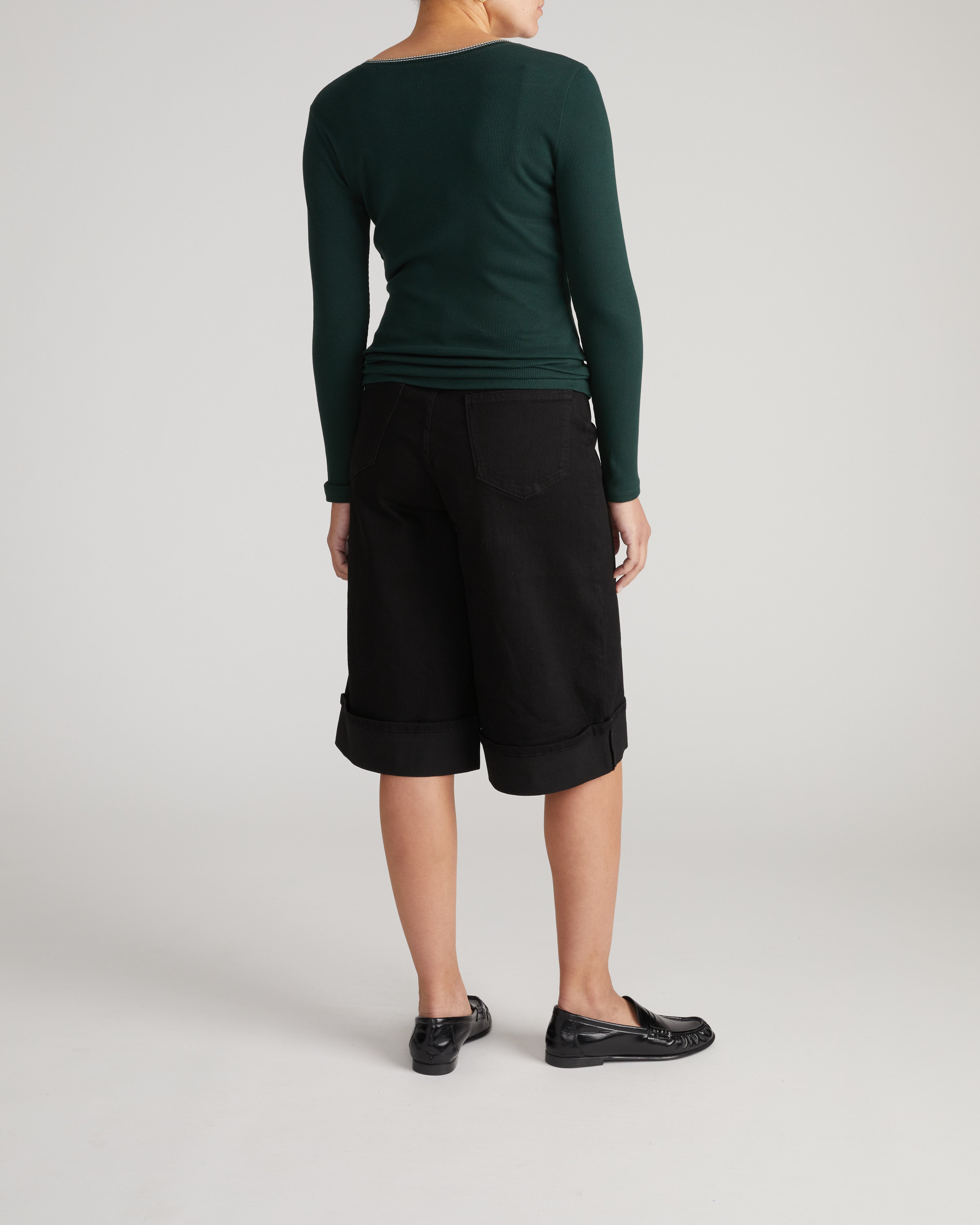 Henley Long Sleeve Ribbed Tee - Forest Green/Striped Trim