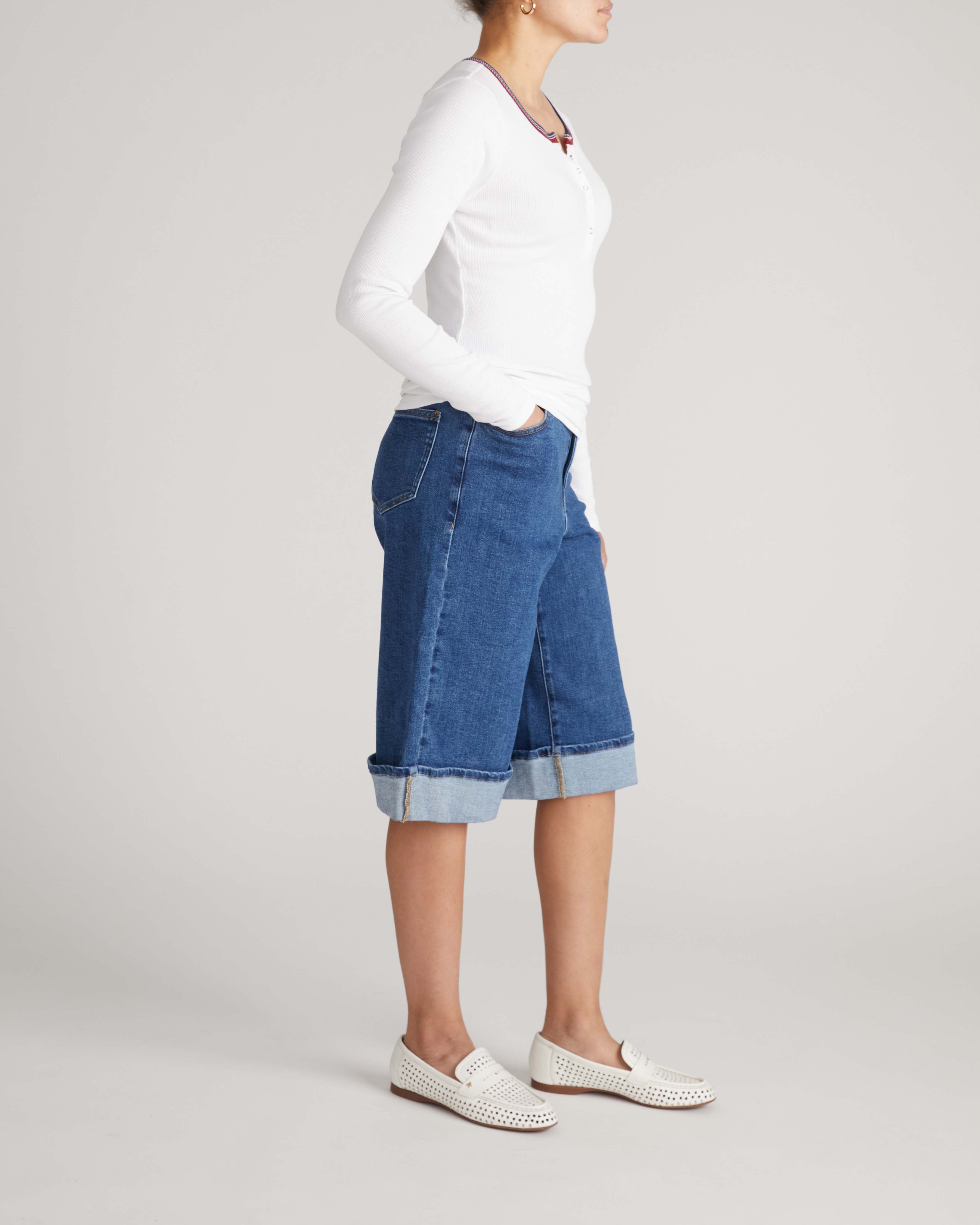 Henley Long Sleeve Ribbed Tee - White/Striped Trim