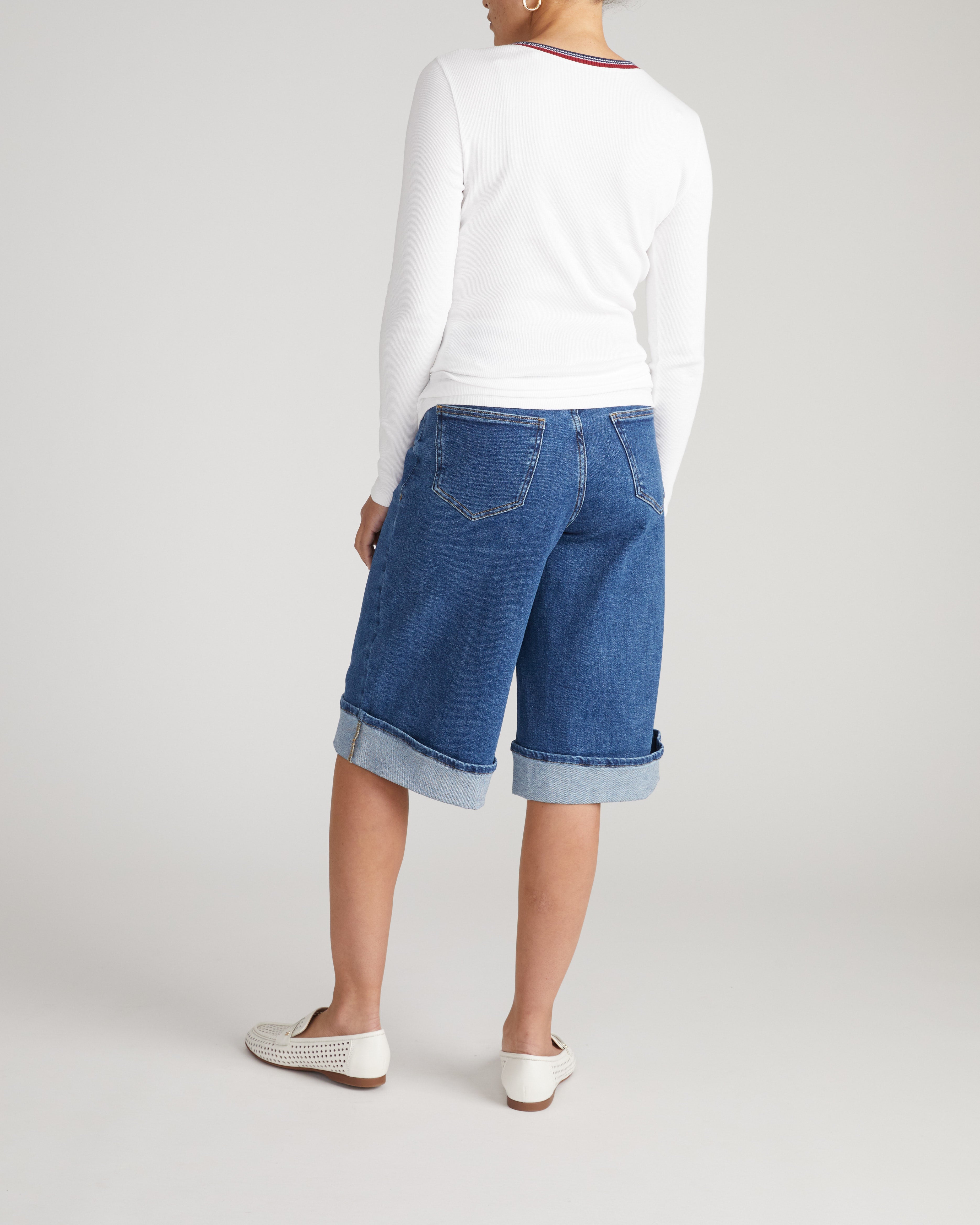 Henley Long Sleeve Ribbed Tee - White/Striped Trim