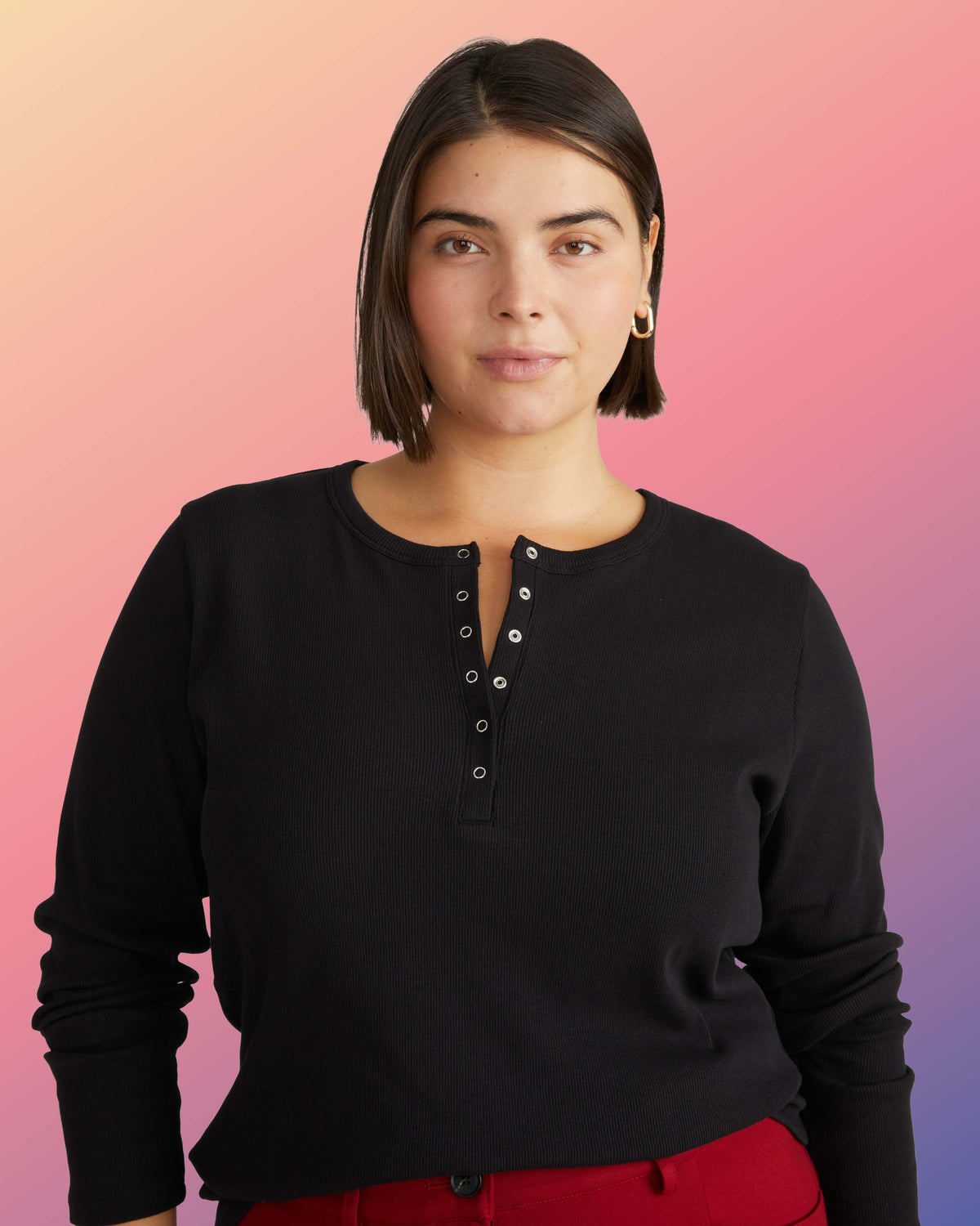 Henley Long Sleeve Ribbed Tee - Black