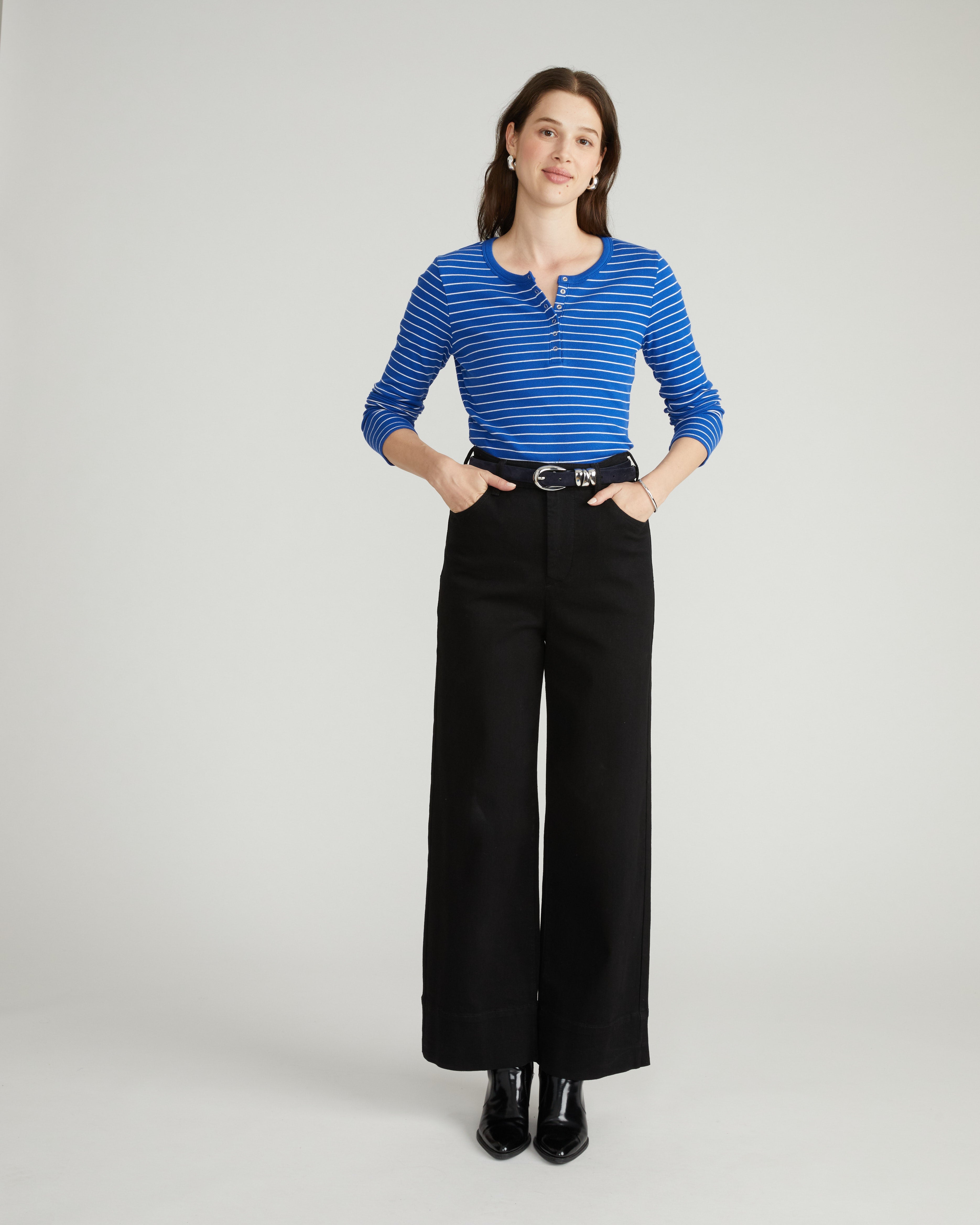 Henley Long Sleeve Ribbed Tee - Bright Blue/White Microstripe