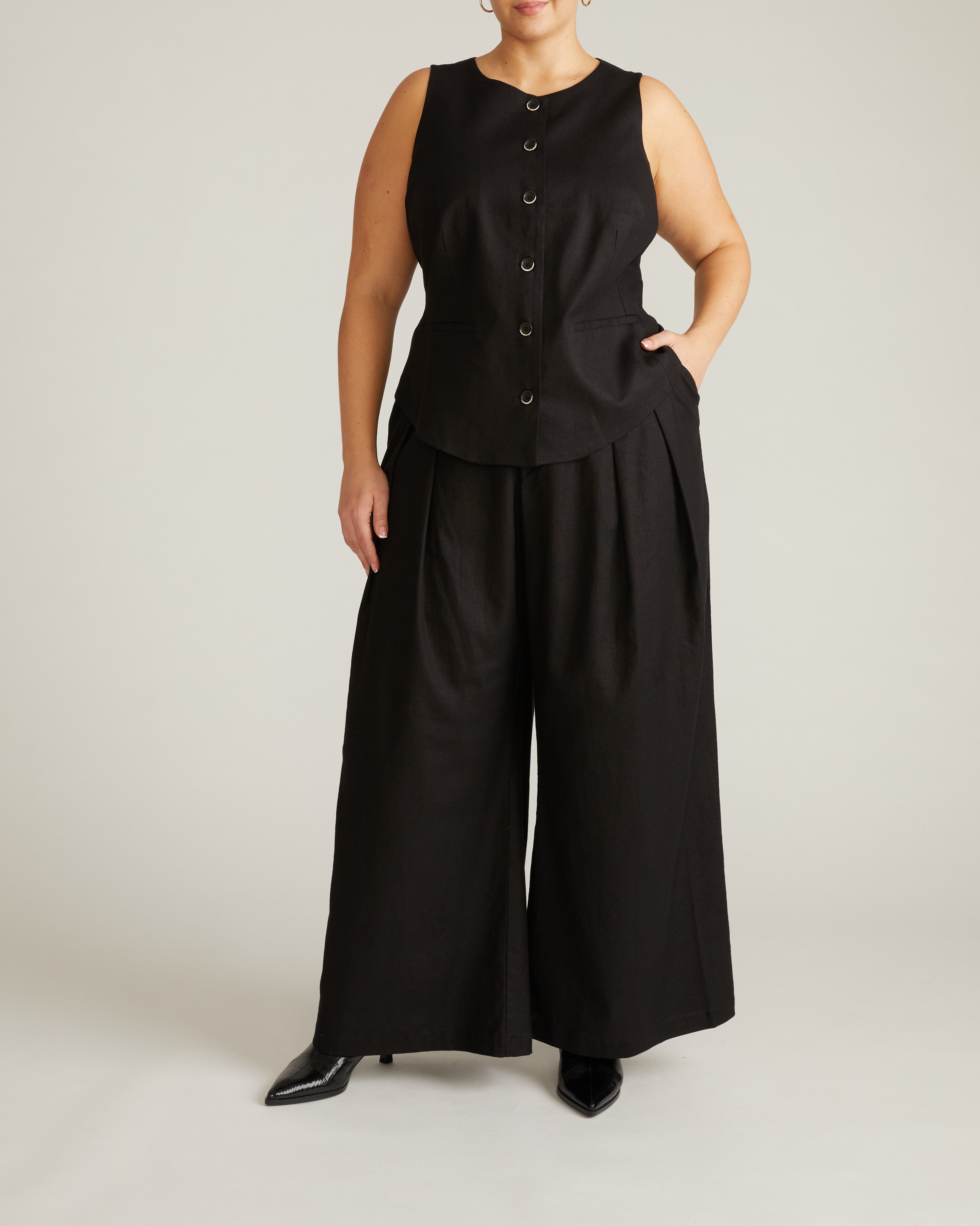 Tamsin Stretch Linen Blend Vest - Black