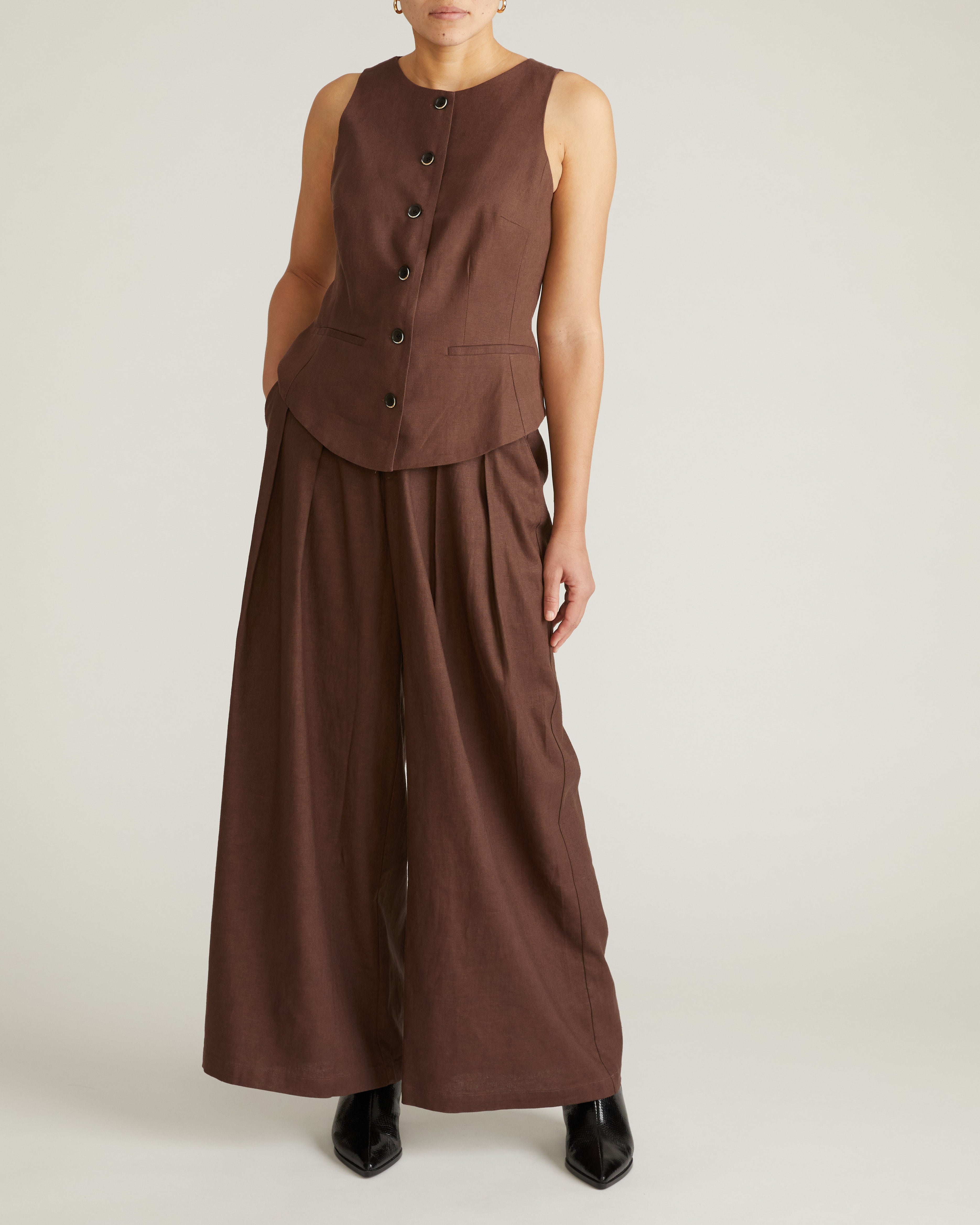 Tamsin Stretch Linen Blend Vest - Sophisticated Brown