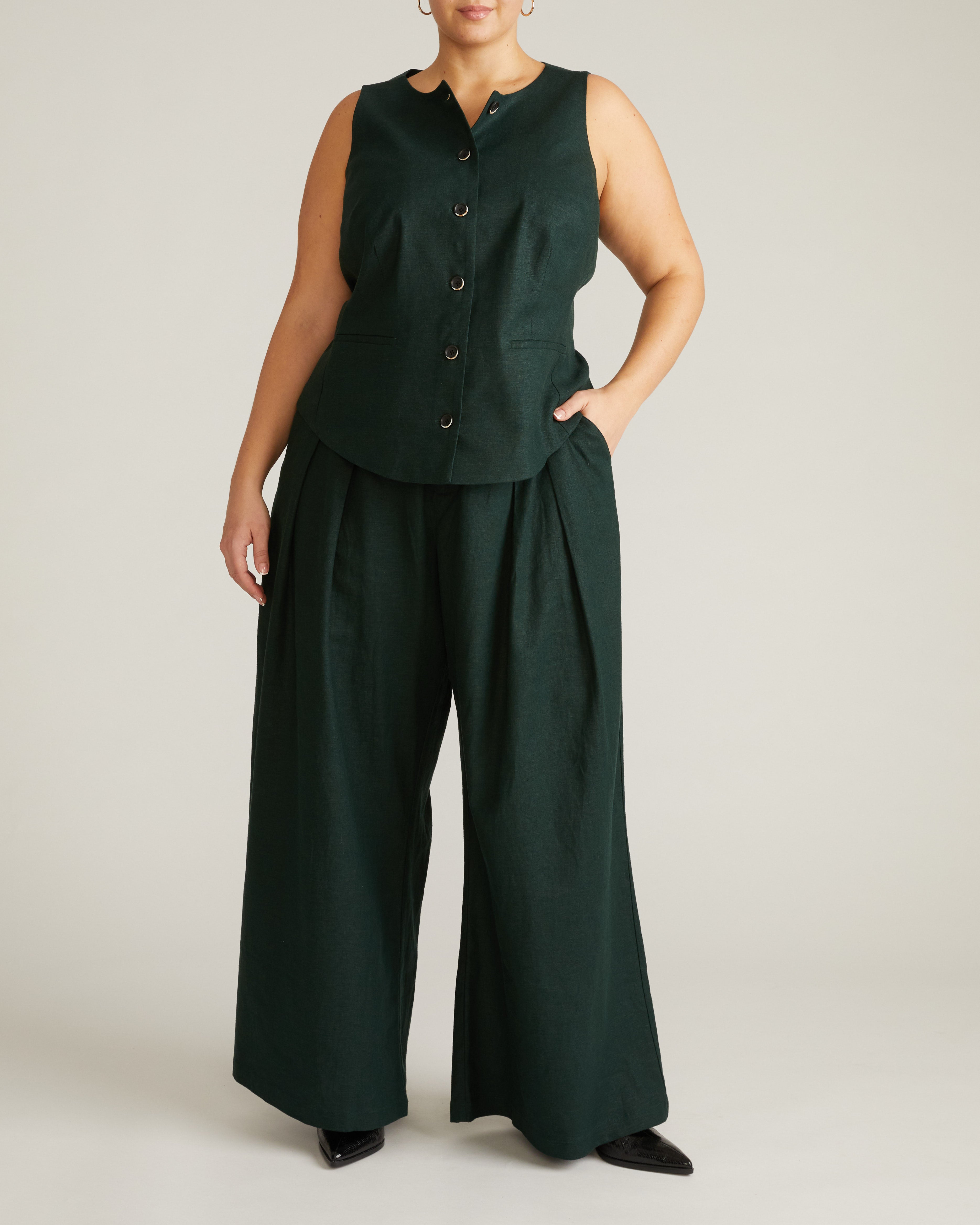 Tamsin Stretch Linen Blend Vest - Forest Green