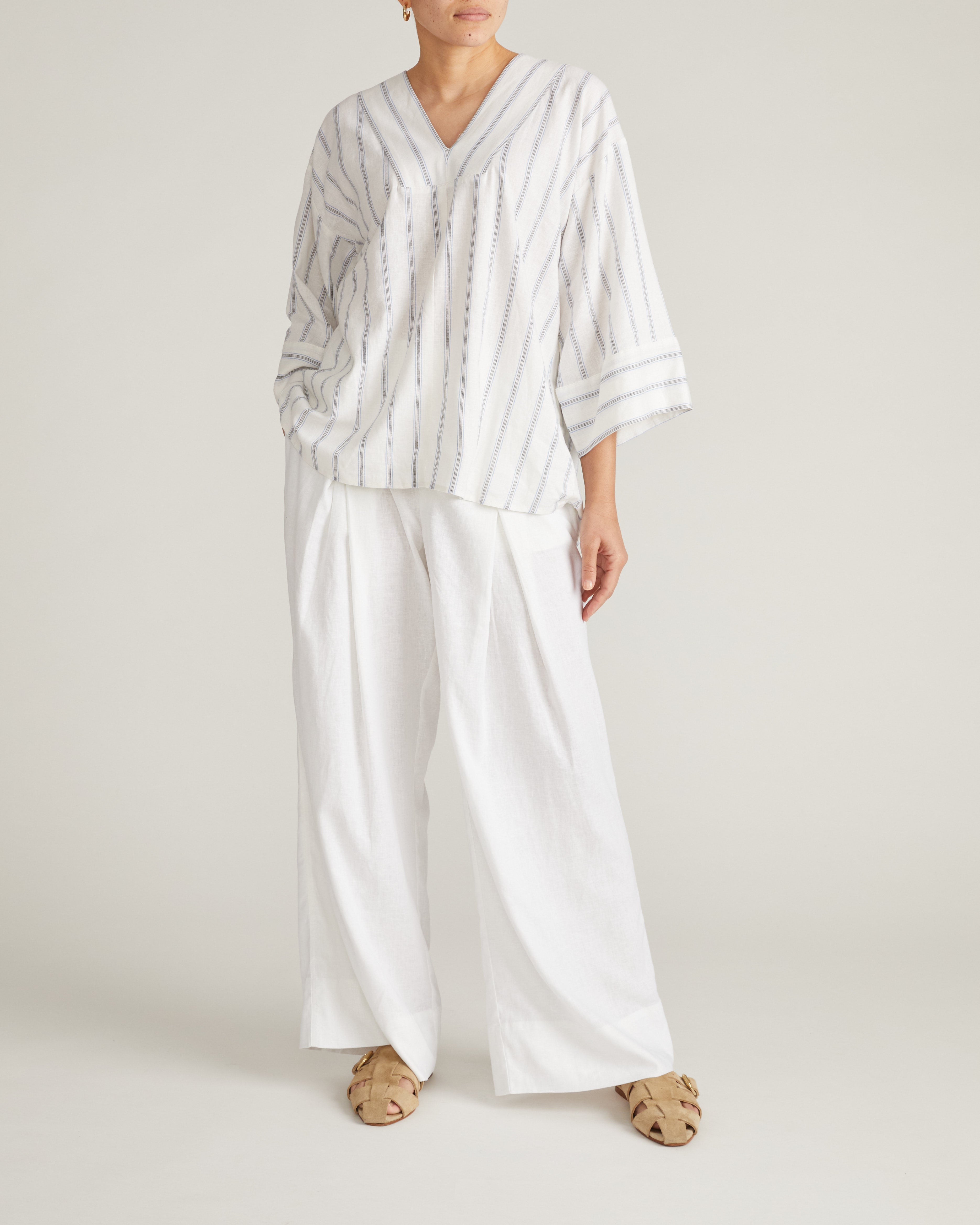 Elio V-Neck Linen Blend Top - Mayfair Stripe