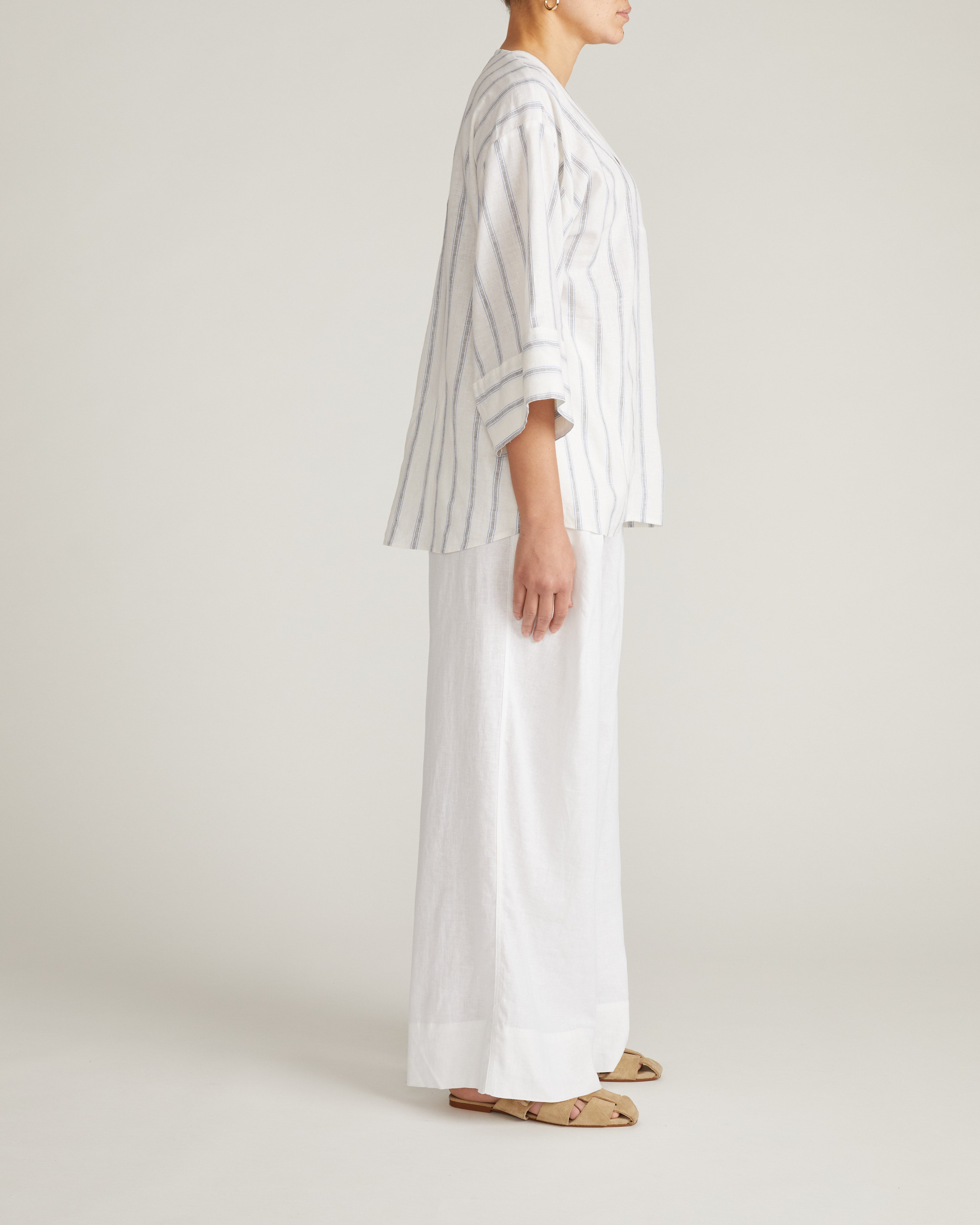 Elio V-Neck Linen Blend Top - Mayfair Stripe