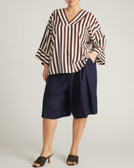 Elio V-Neck Linen Blend Top - Peppercorn Stripe