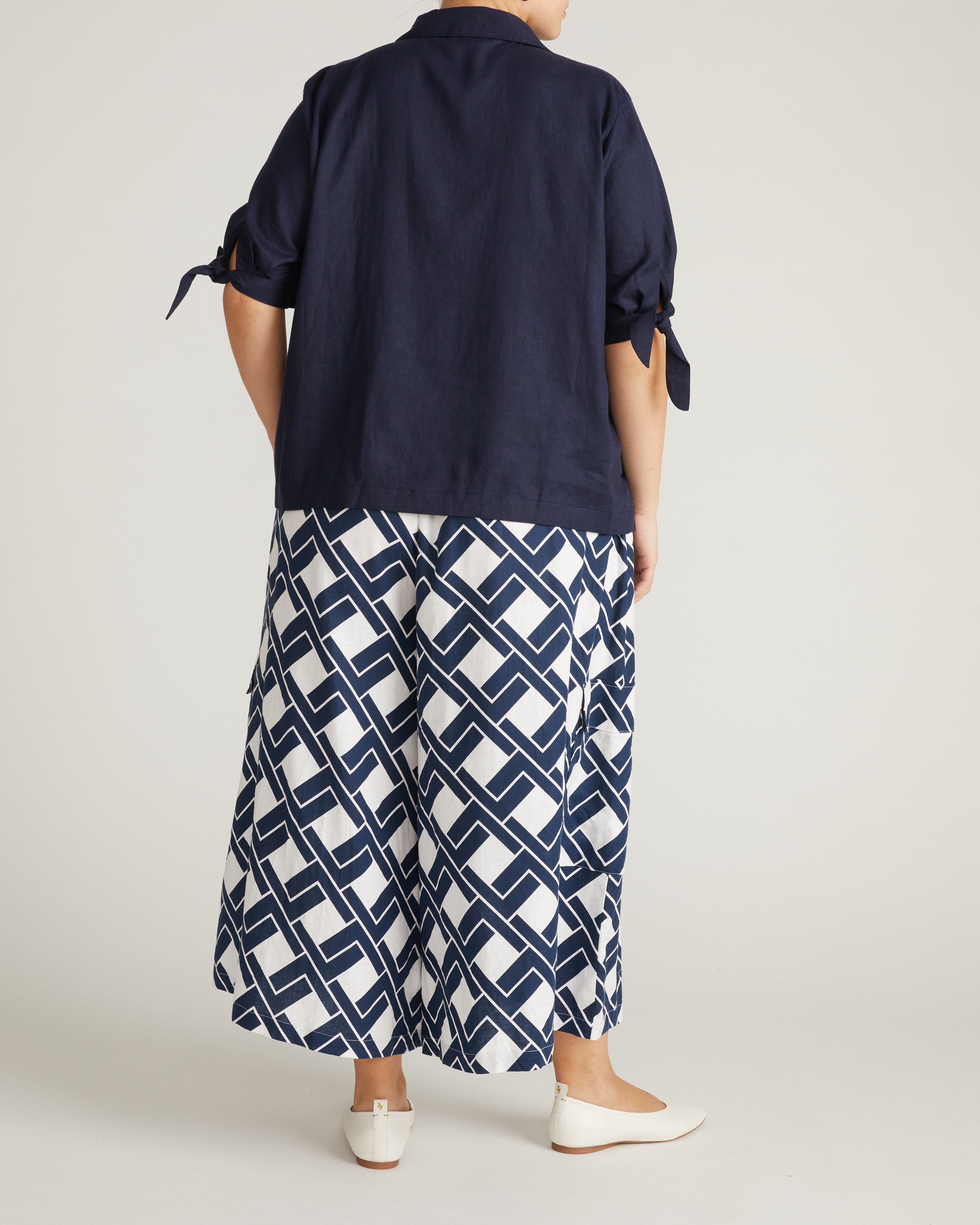 Luisa Short Sleeve Linen Blend Shirt - Navy