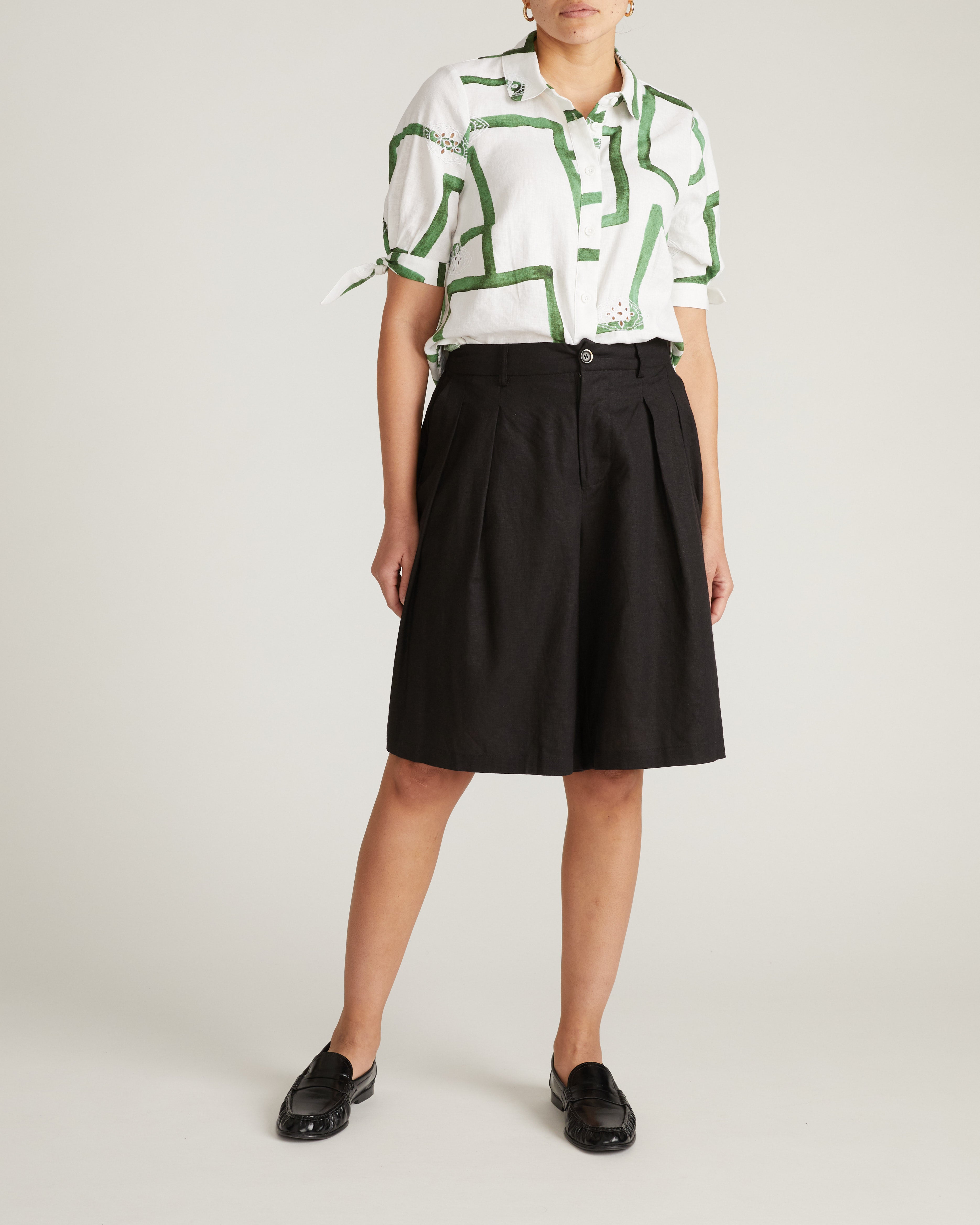 Luisa Short Sleeve Linen Blend Shirt - Green Paint Print