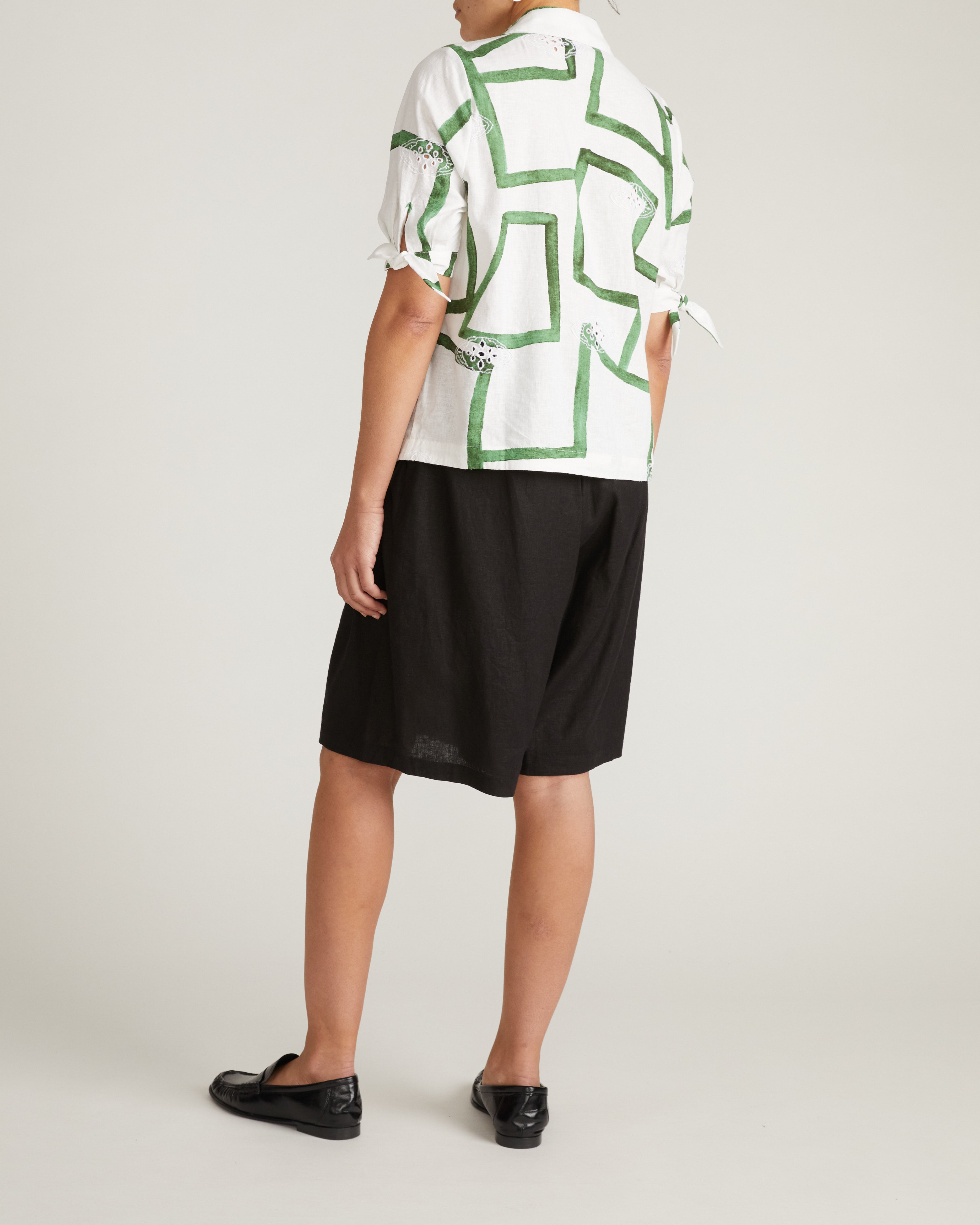 Luisa Short Sleeve Linen Blend Shirt - Green Paint Print